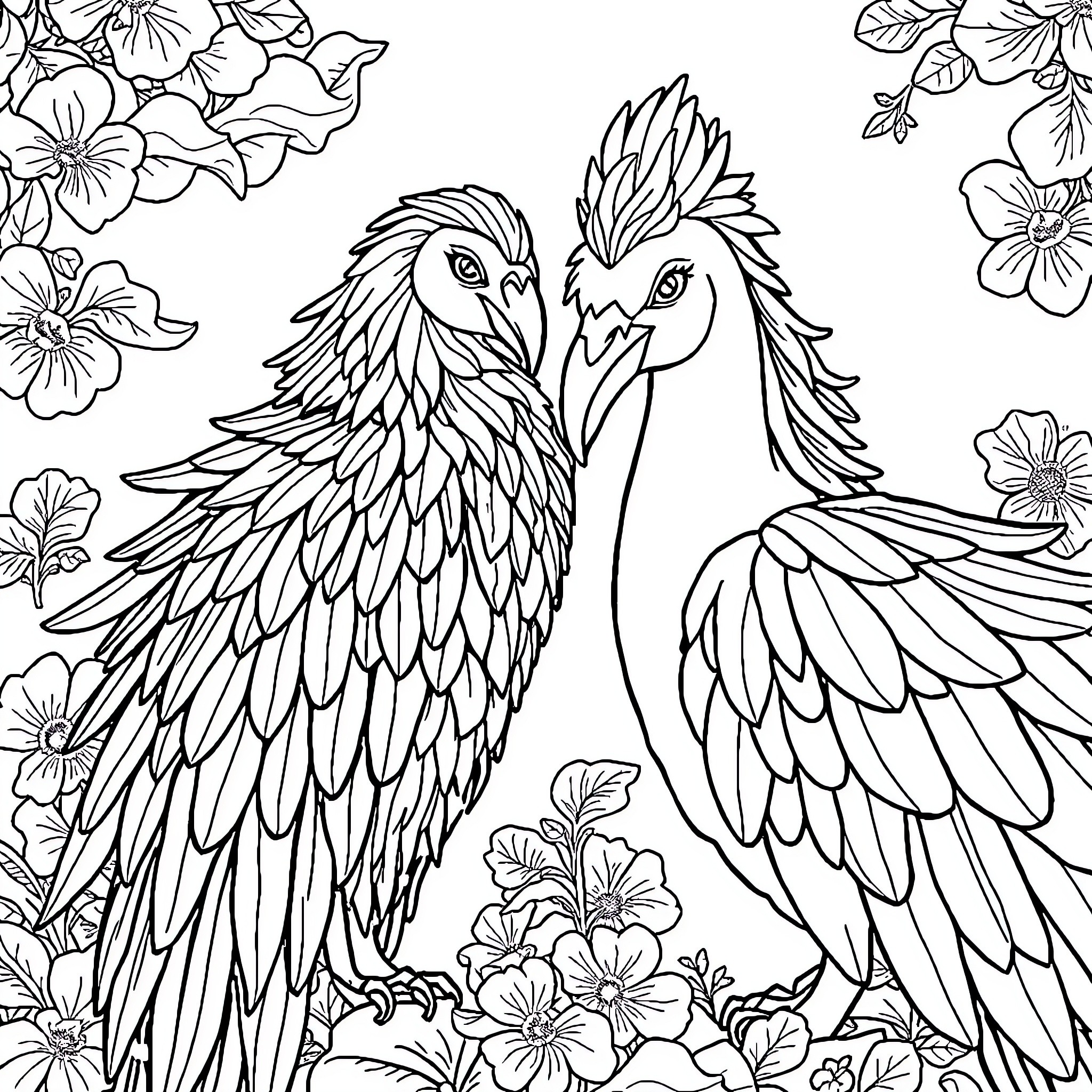 Unicorn birds surrounded by colorful flowers Coloring Page (free black-and-white line drawing printable PDF for all, from beginners to advanced learners, including children, teens, adults, and seniors)