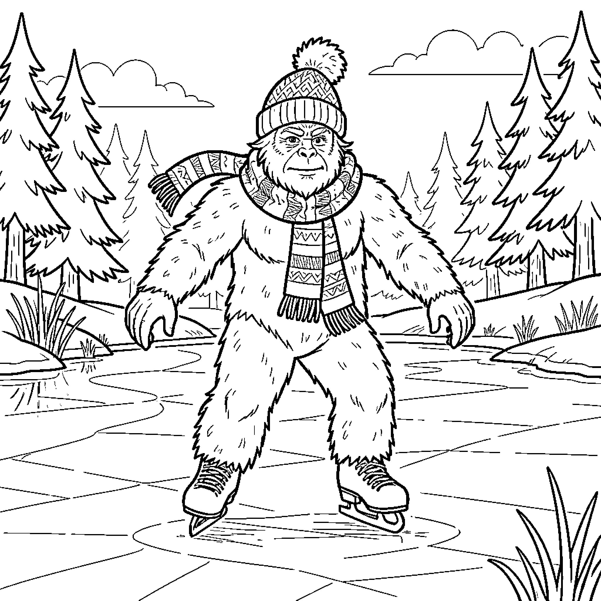 Bigfoot ice skating in a winter wonderland Coloring Page (free black-and-white line drawing printable PDF for all, from beginners to advanced learners, including children, teens, adults, and seniors)