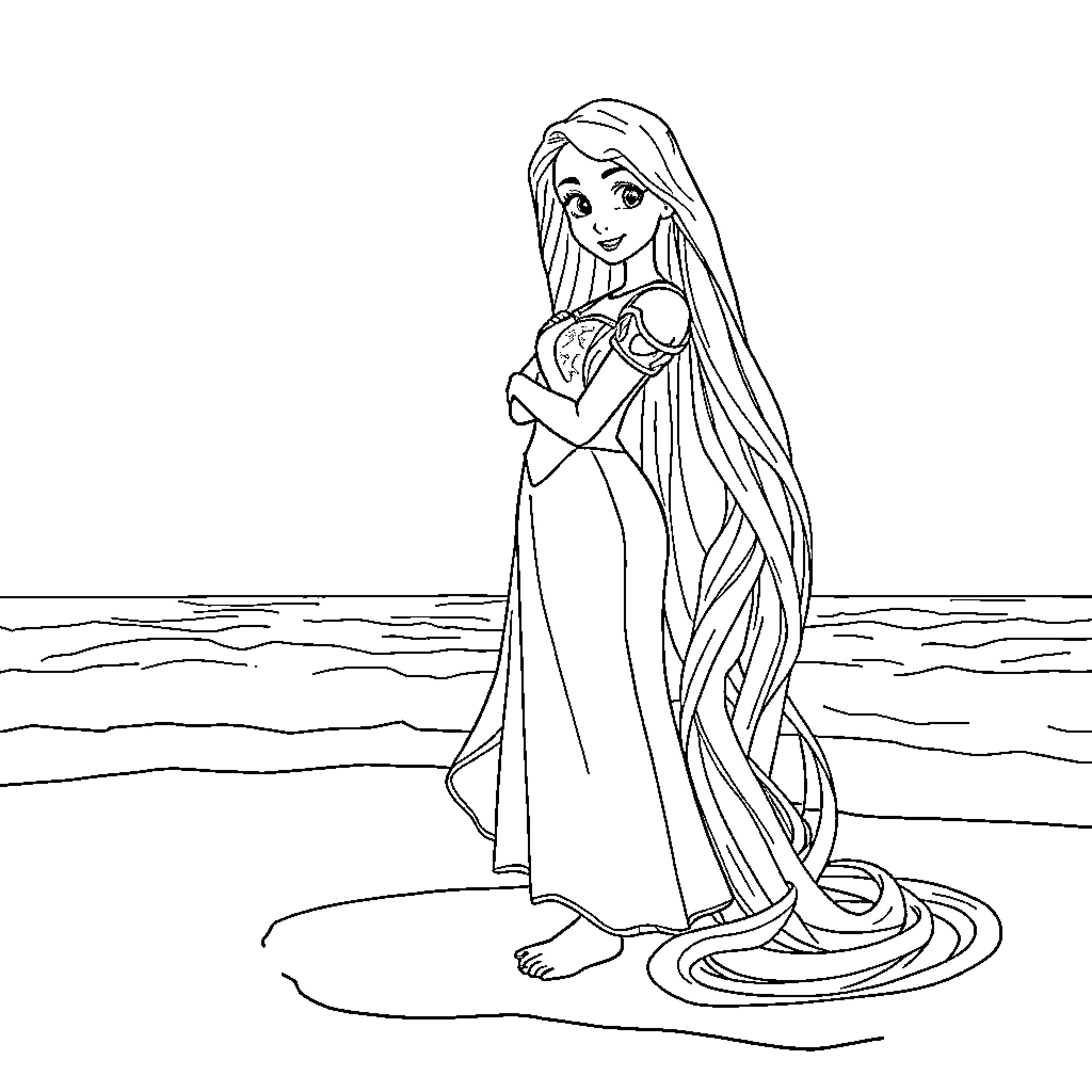 Rapunzel's Enchanting Seashore Adventure Coloring Page (free black-and-white line drawing printable PDF for all, from beginners to advanced learners, including children, teens, adults, and seniors)