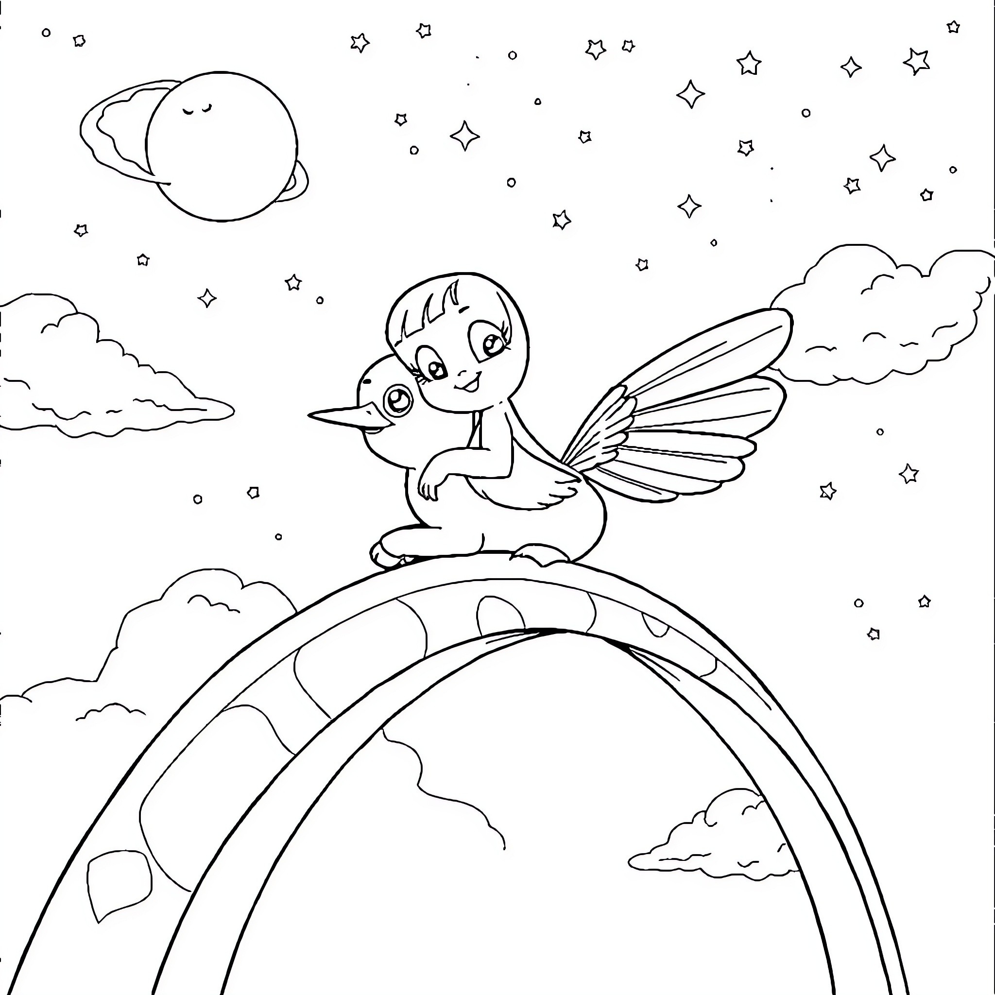 Stella's celestial adventure with a winged friend Coloring Page (free black-and-white line drawing printable PDF for all, from beginners to advanced learners, including children, teens, adults, and seniors)
