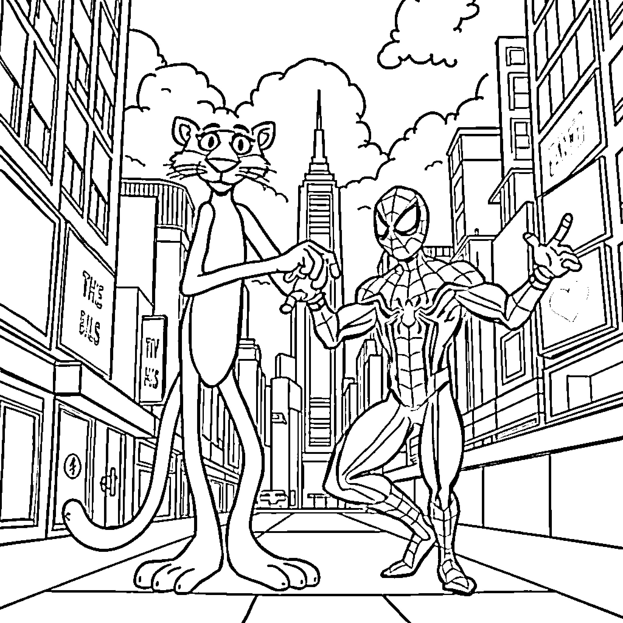 Pink Panther and Spider-Man Team Up in the Big City Coloring Page (free black-and-white line drawing printable PDF for all, from beginners to advanced learners, including children, teens, adults, and seniors)