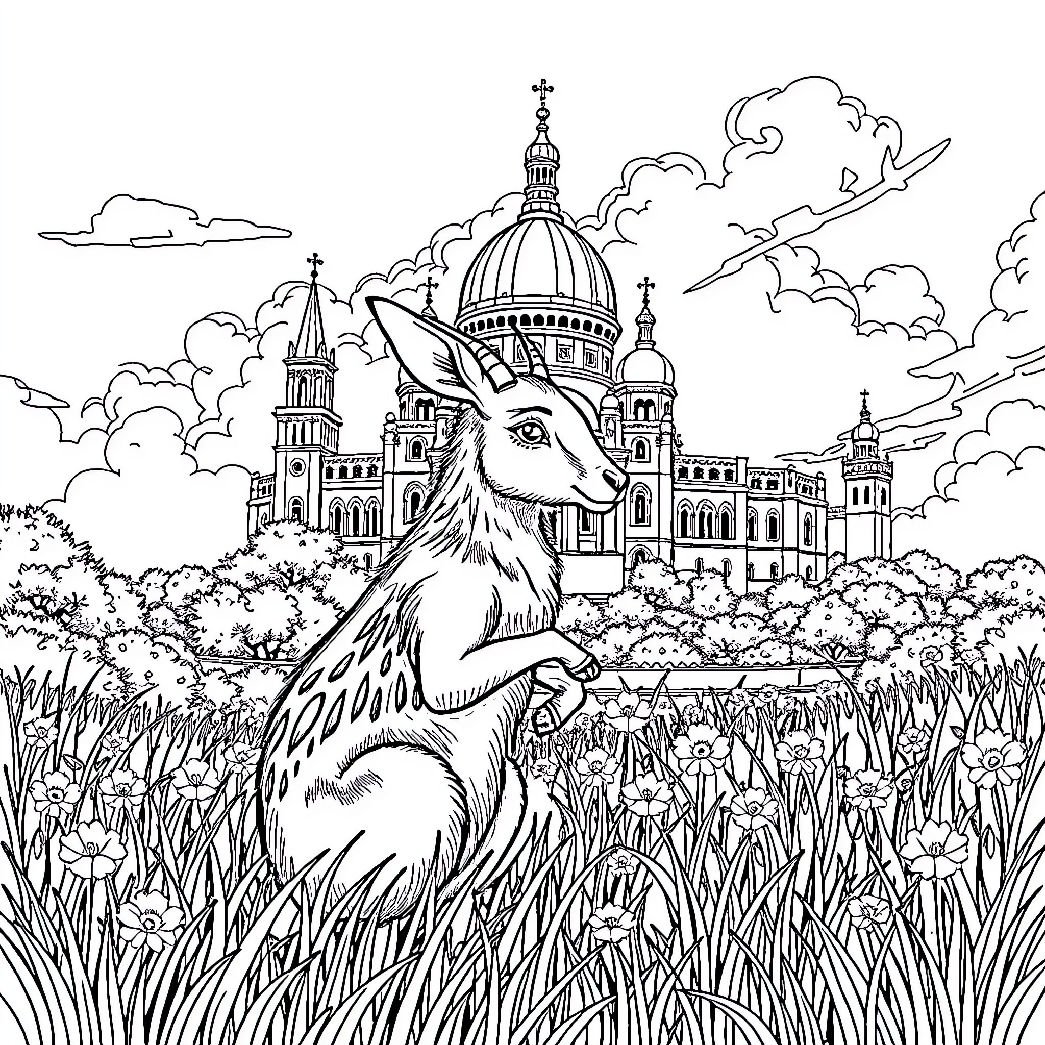 Cerf in the Enchanted Castle Courtyard Coloring Page (free black-and-white line drawing printable PDF for all, from beginners to advanced learners, including children, teens, adults, and seniors)