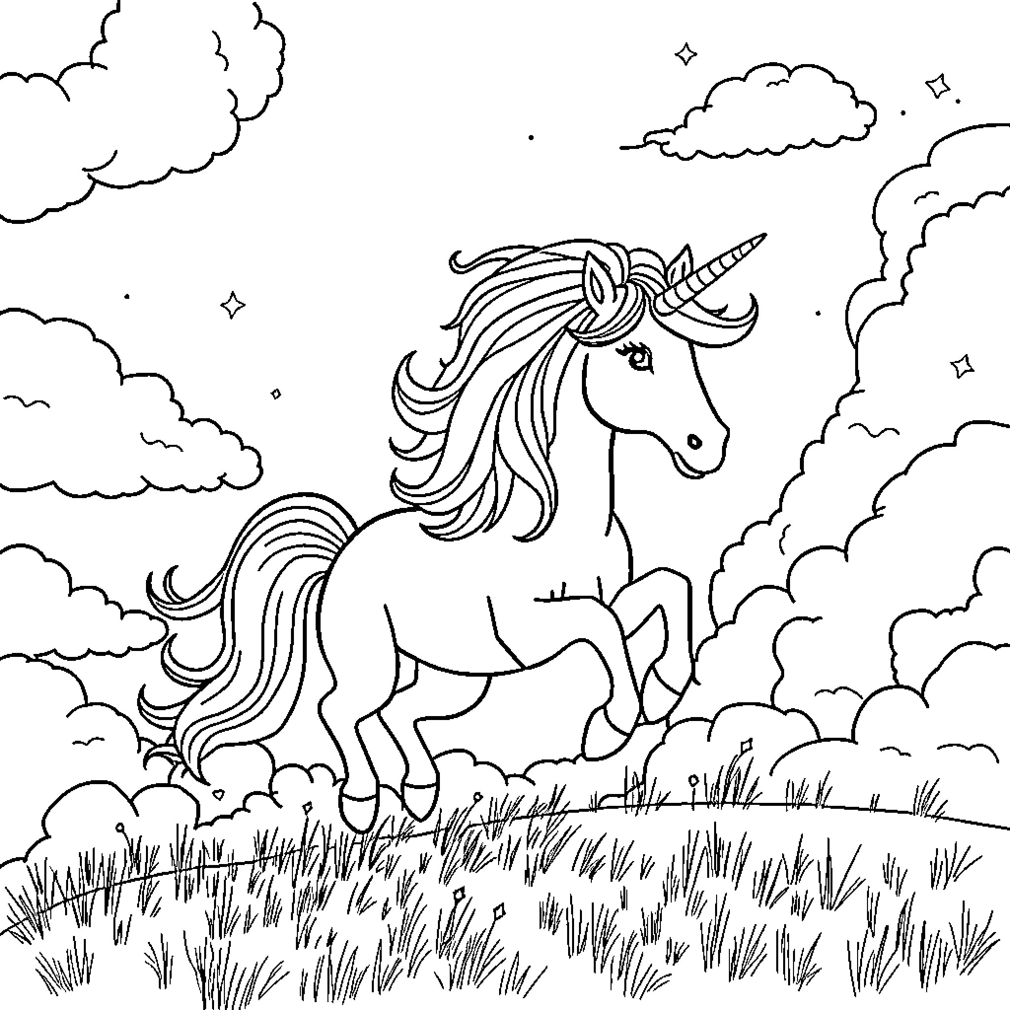 Unicorn standing in the clouds Coloring Page (free black-and-white line drawing printable PDF for all, from beginners to advanced learners, including children, teens, adults, and seniors)