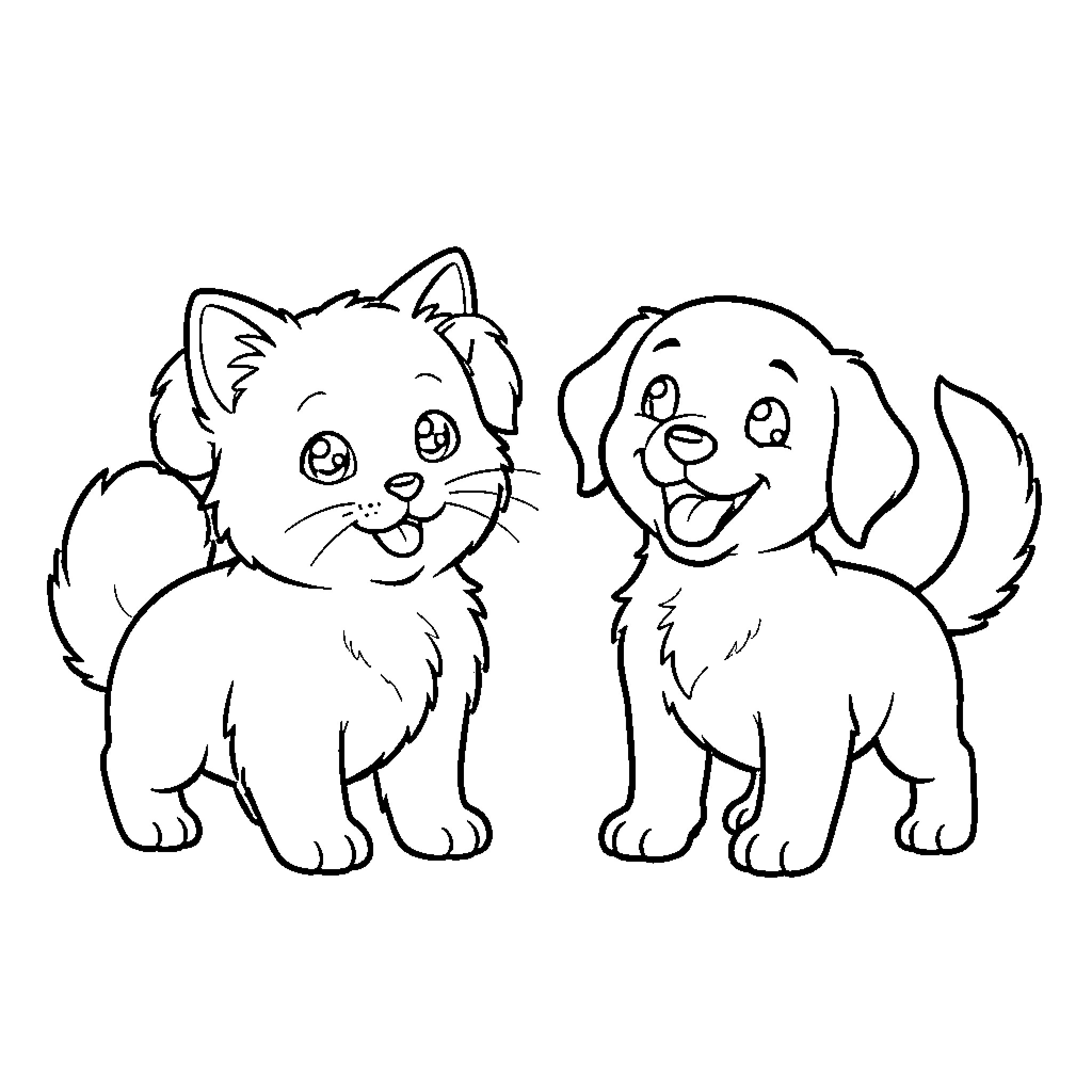 Puppy and kitten playing together happily Coloring Page (free black-and-white line drawing printable PDF for all, from beginners to advanced learners, including children, teens, adults, and seniors)