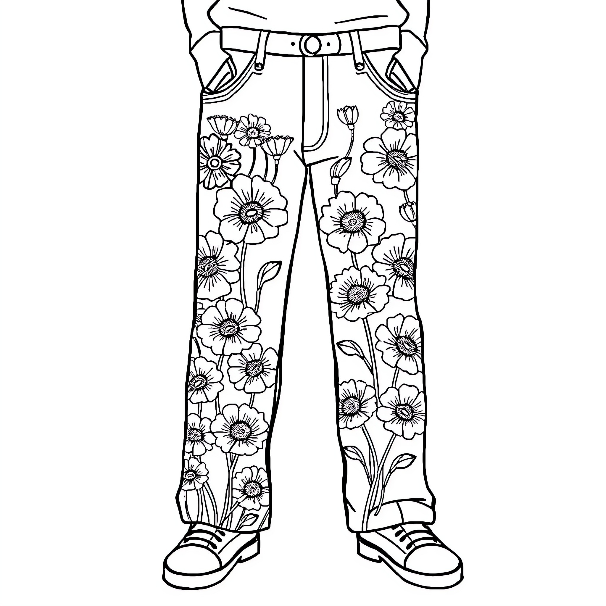 Poppy's Floral Jeans and Sneakers Coloring Page (free black-and-white line drawing printable PDF for all, from beginners to advanced learners, including children, teens, adults, and seniors)