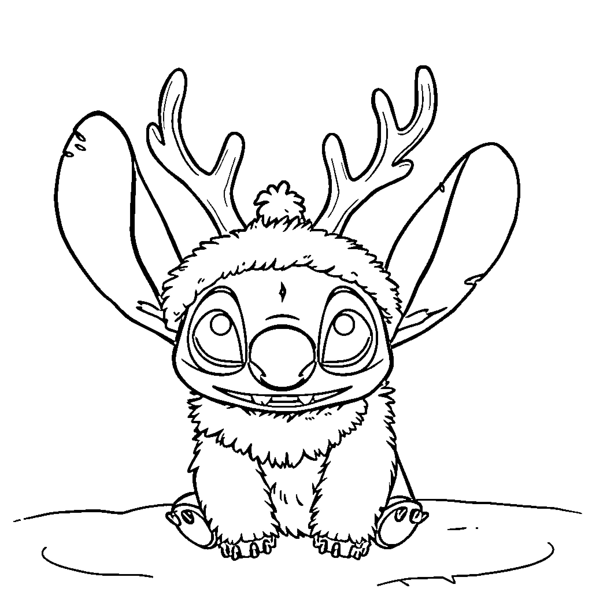 Stitch as a Curious Reindeer Creature Coloring Page (free black-and-white line drawing printable PDF for all, from beginners to advanced learners, including children, teens, adults, and seniors)