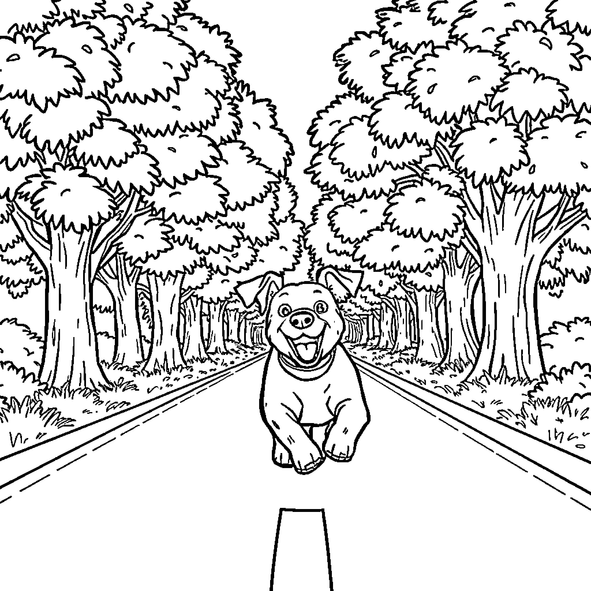 Dog walking happily on the forest road Coloring Page (free black-and-white line drawing printable PDF for all, from beginners to advanced learners, including children, teens, adults, and seniors)
