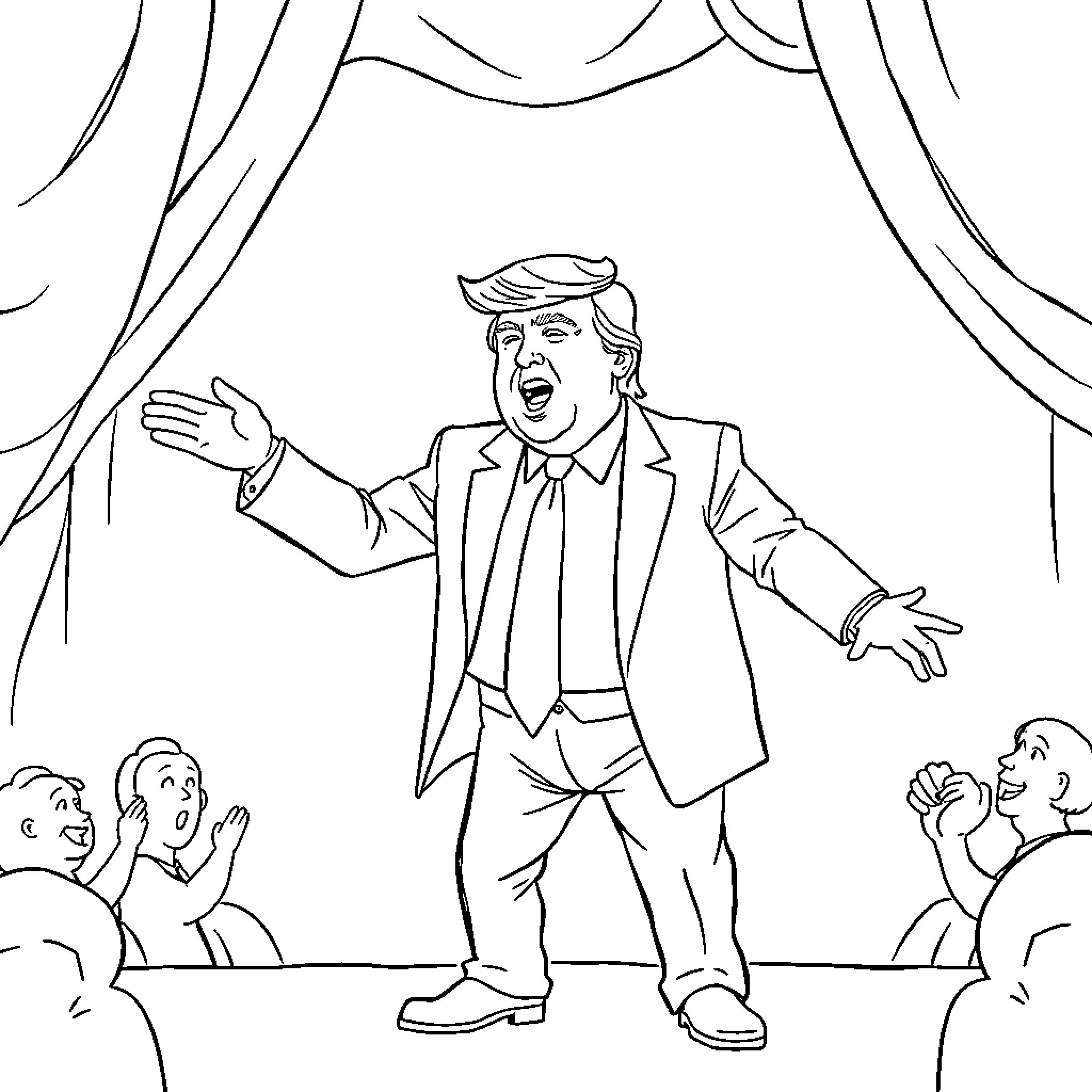 Donald Trump Delivering Theatrical Speech on Stage Coloring Page (free black-and-white line drawing printable PDF for all, from beginners to advanced learners, including children, teens, adults, and seniors)