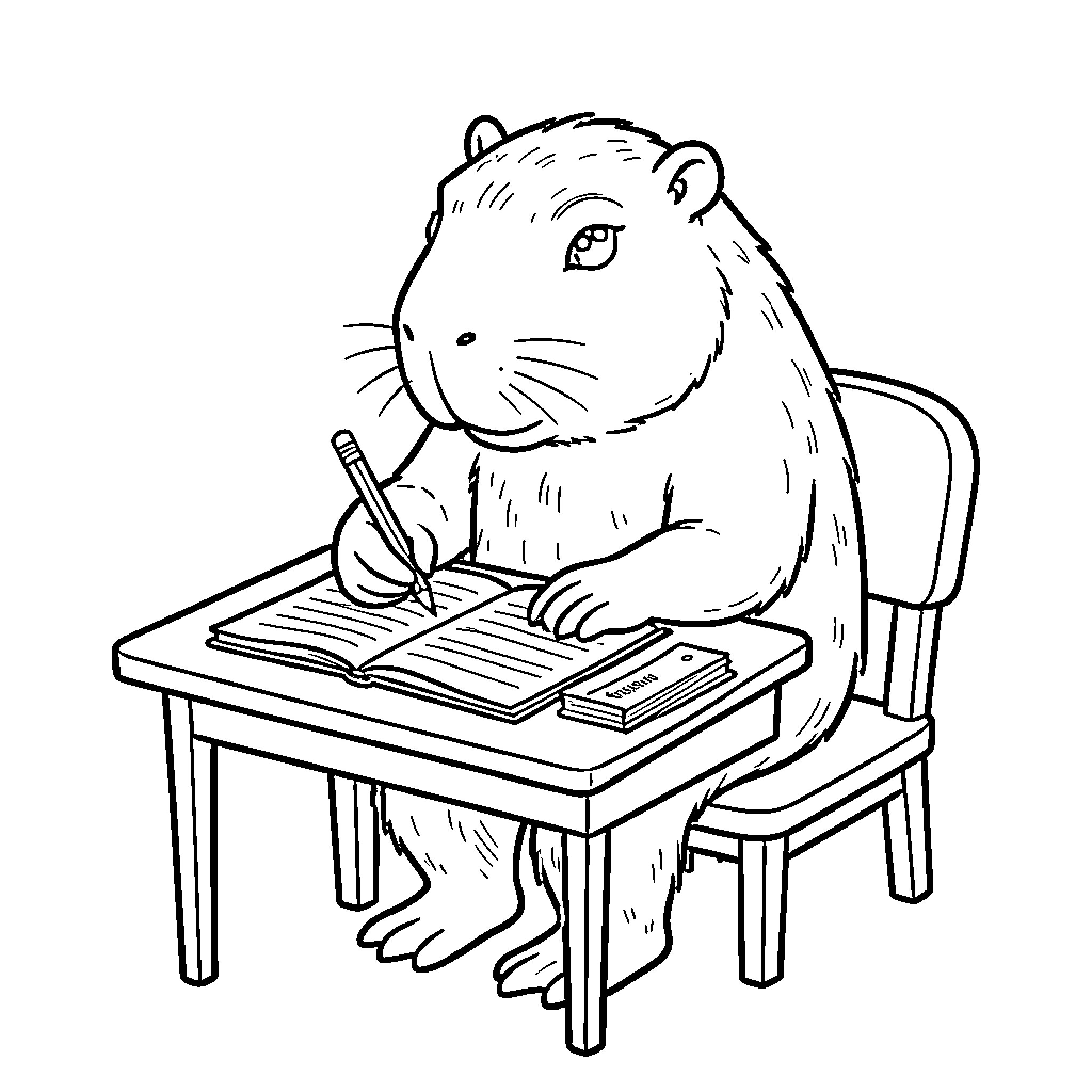 Capybara studying diligently at desk Coloring Page (free black-and-white line drawing printable PDF for all, from beginners to advanced learners, including children, teens, adults, and seniors)