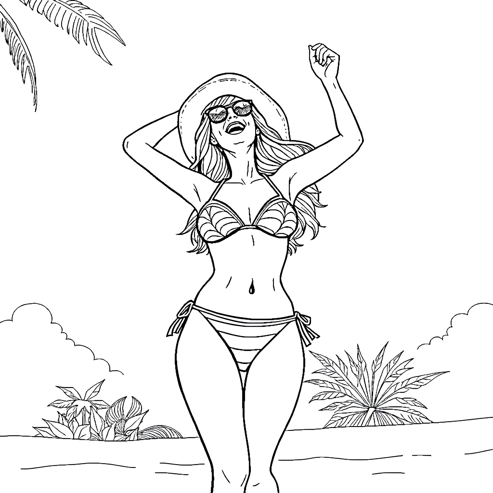 Wife enjoying the sun in a bikini on the beach Coloring Page (free black-and-white line drawing printable PDF for all, from beginners to advanced learners, including children, teens, adults, and seniors)