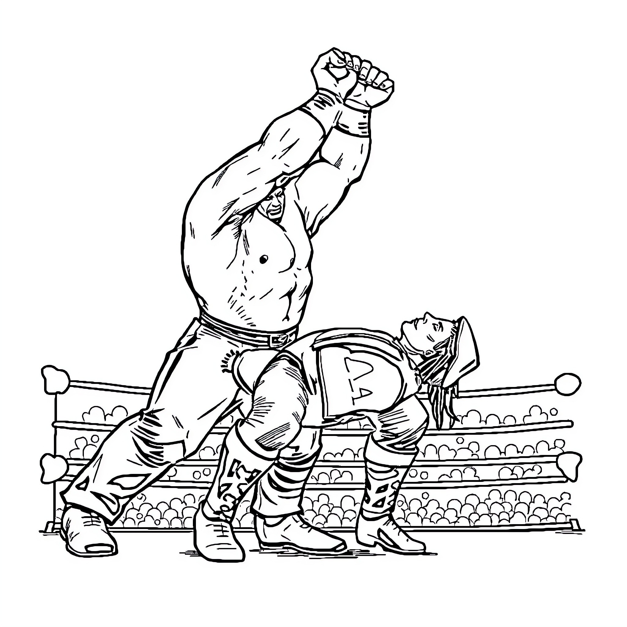 Hulkchoke: Wrestling match in the ring Coloring Page (free black-and-white line drawing printable PDF for all, from beginners to advanced learners, including children, teens, adults, and seniors)