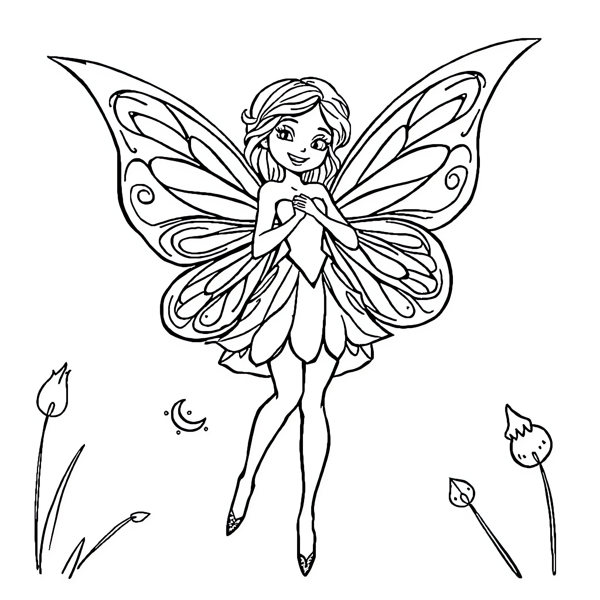 Fairy with butterfly wings dancing gracefully Coloring Page (free black-and-white line drawing printable PDF for all, from beginners to advanced learners, including children, teens, adults, and seniors)