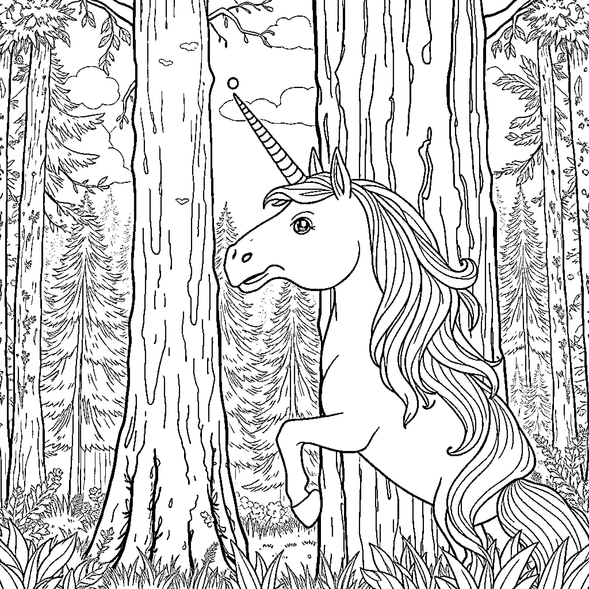 Unicorn standing in enchanted forest Coloring Page (free black-and-white line drawing printable PDF for all, from beginners to advanced learners, including children, teens, adults, and seniors)
