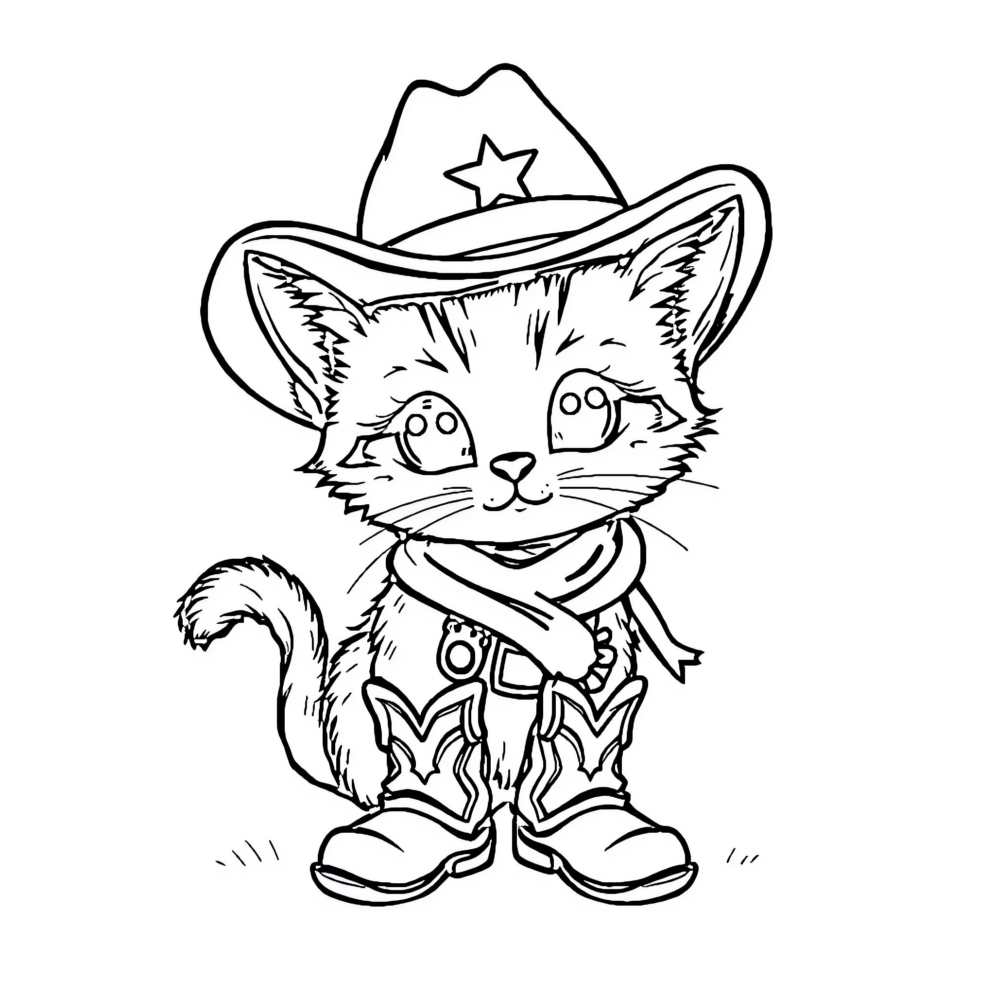 Kitty Cowboy Dressing Up in Costume Coloring Page (free black-and-white line drawing printable PDF for all, from beginners to advanced learners, including children, teens, adults, and seniors)