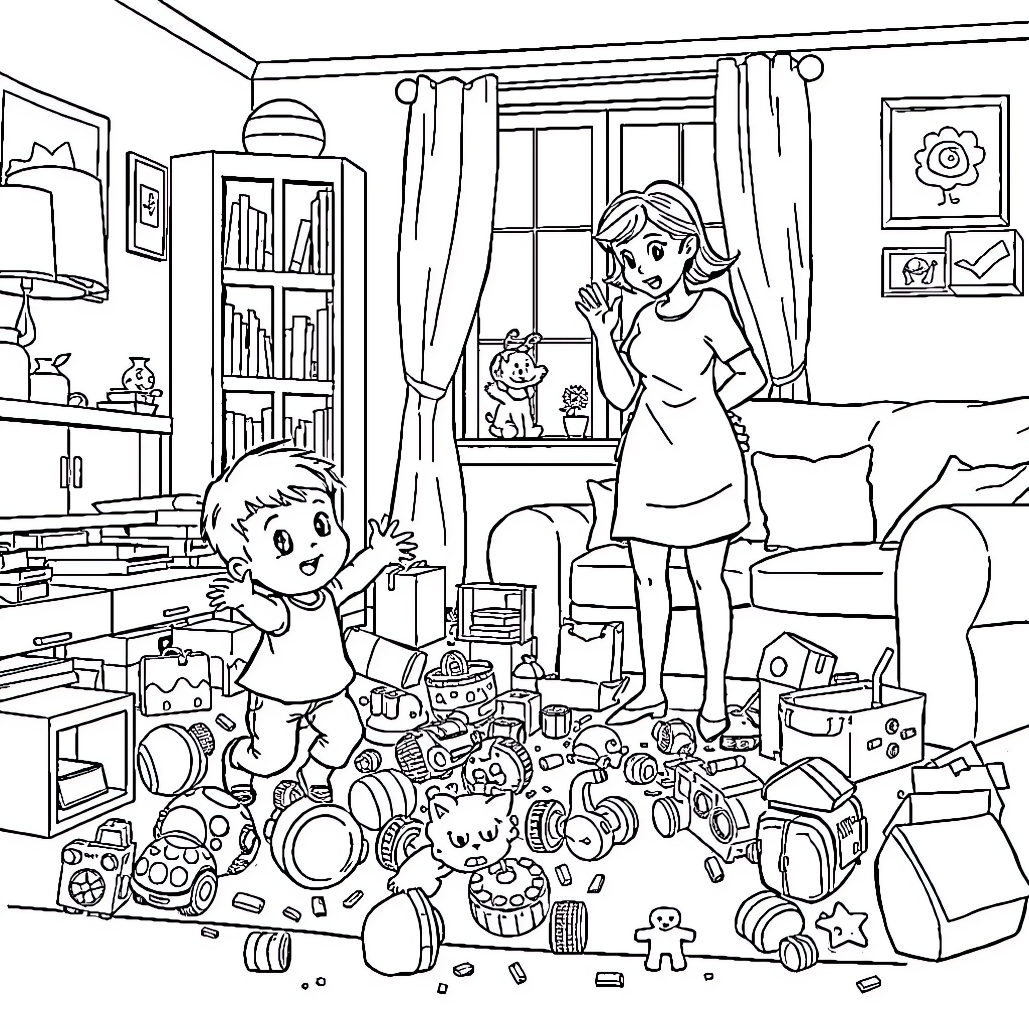 Boy's messy room with toys and woman Coloring Page (free black-and-white line drawing printable PDF for all, from beginners to advanced learners, including children, teens, adults, and seniors)