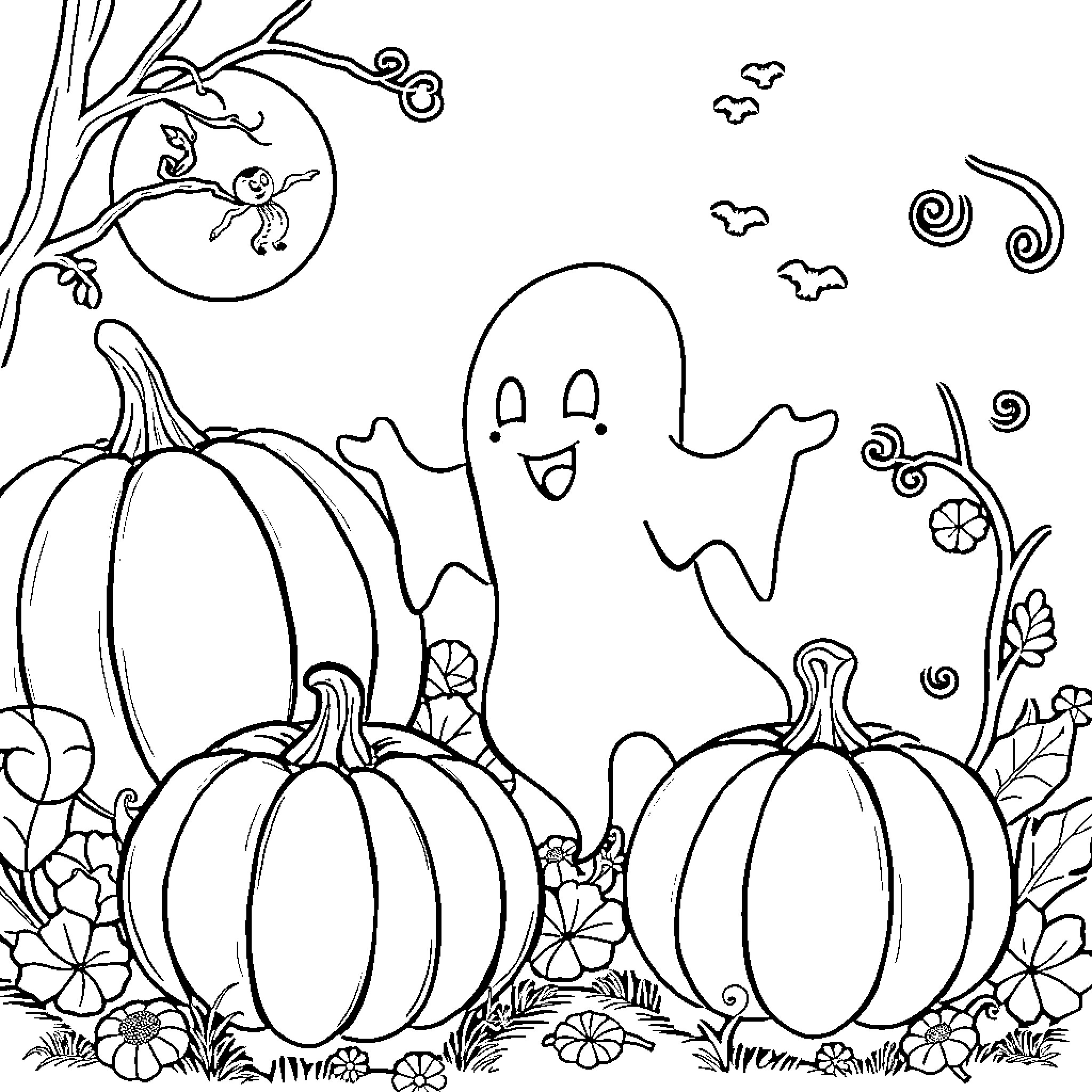 Pumpkin patch with playful ghostly figure Coloring Page (free black-and-white line drawing printable PDF for all, from beginners to advanced learners, including children, teens, adults, and seniors)