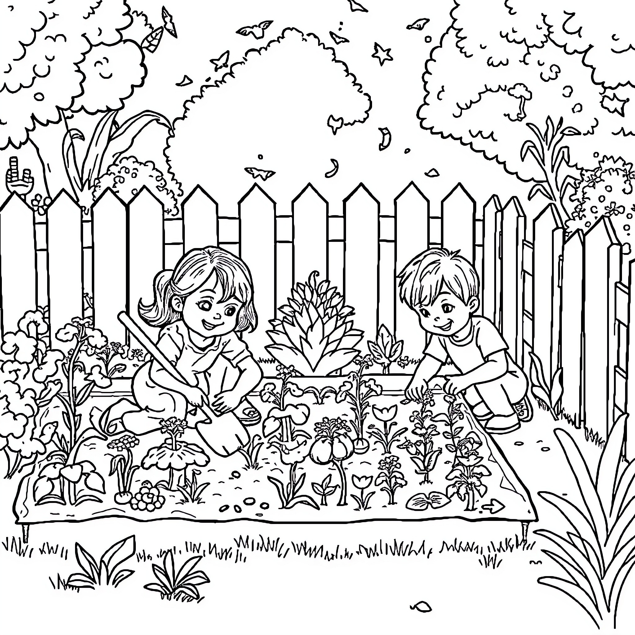 Child gardening happily in their backyard Coloring Page (free black-and-white line drawing printable PDF for all, from beginners to advanced learners, including children, teens, adults, and seniors)