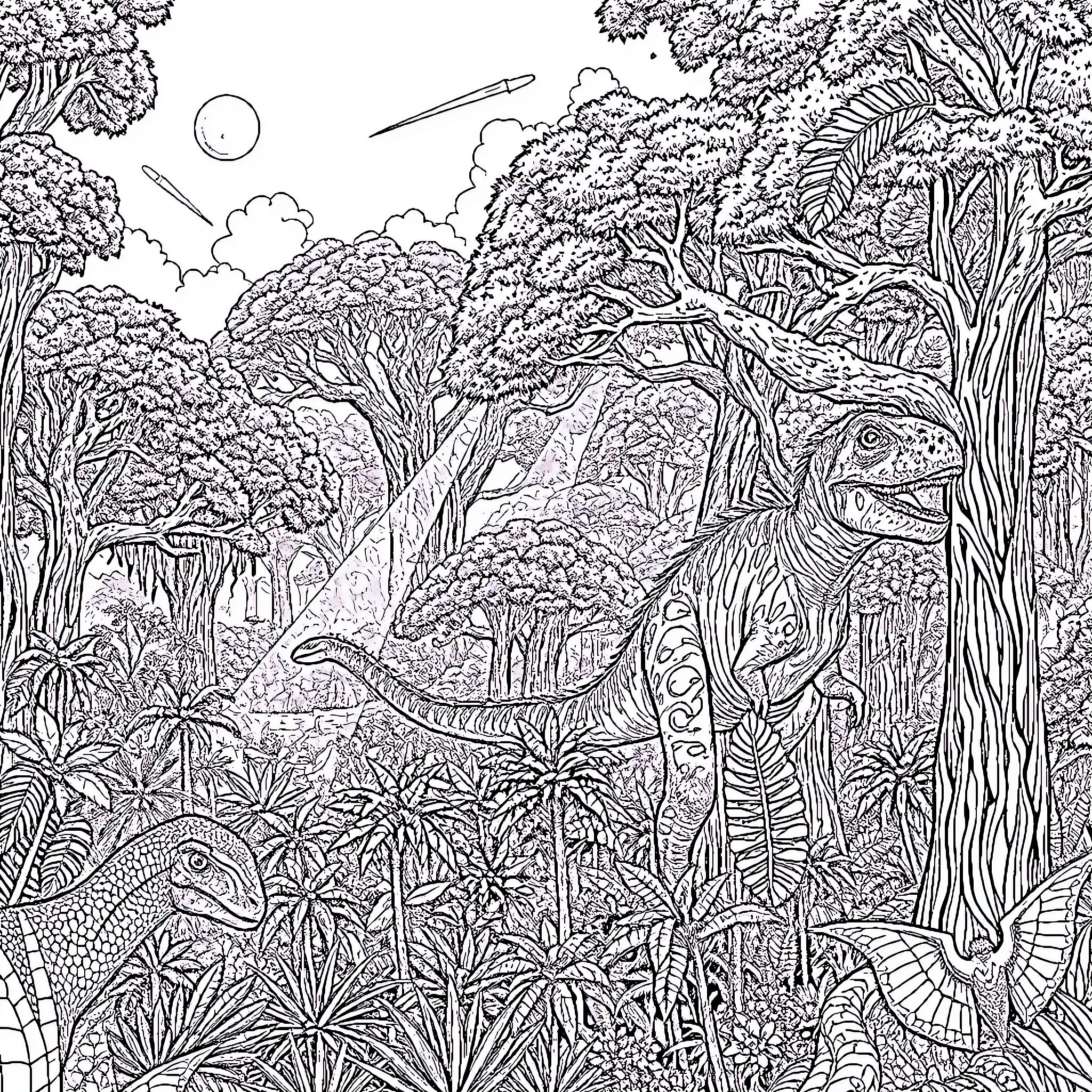 Tree-filled Enchanted Jungle Landscape Coloring Page (free black-and-white line drawing printable PDF for all, from beginners to advanced learners, including children, teens, adults, and seniors)