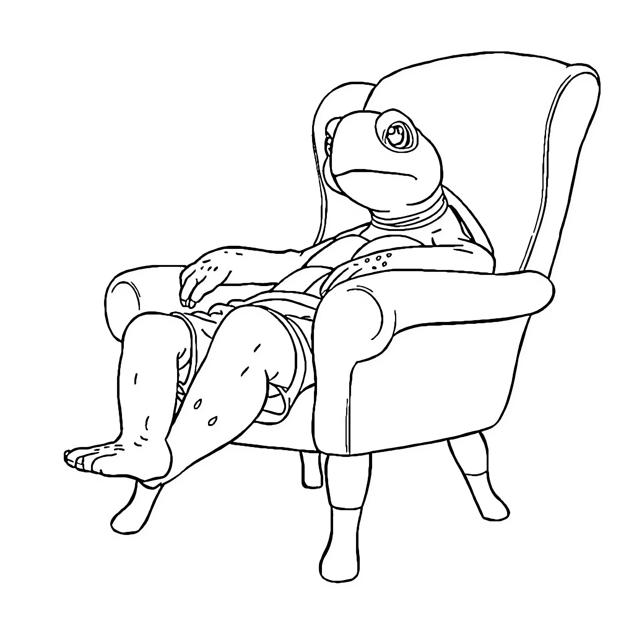 Turtle relaxing comfortably in an armchair Coloring Page (free black-and-white line drawing printable PDF for all, from beginners to advanced learners, including children, teens, adults, and seniors)