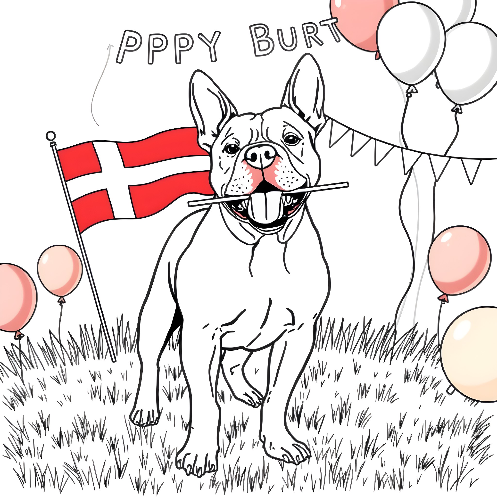 American Staffordshire Bull Terrier celebrating a party with balloons Coloring Page (free black-and-white line drawing printable PDF for all, from beginners to advanced learners, including children, teens, adults, and seniors)