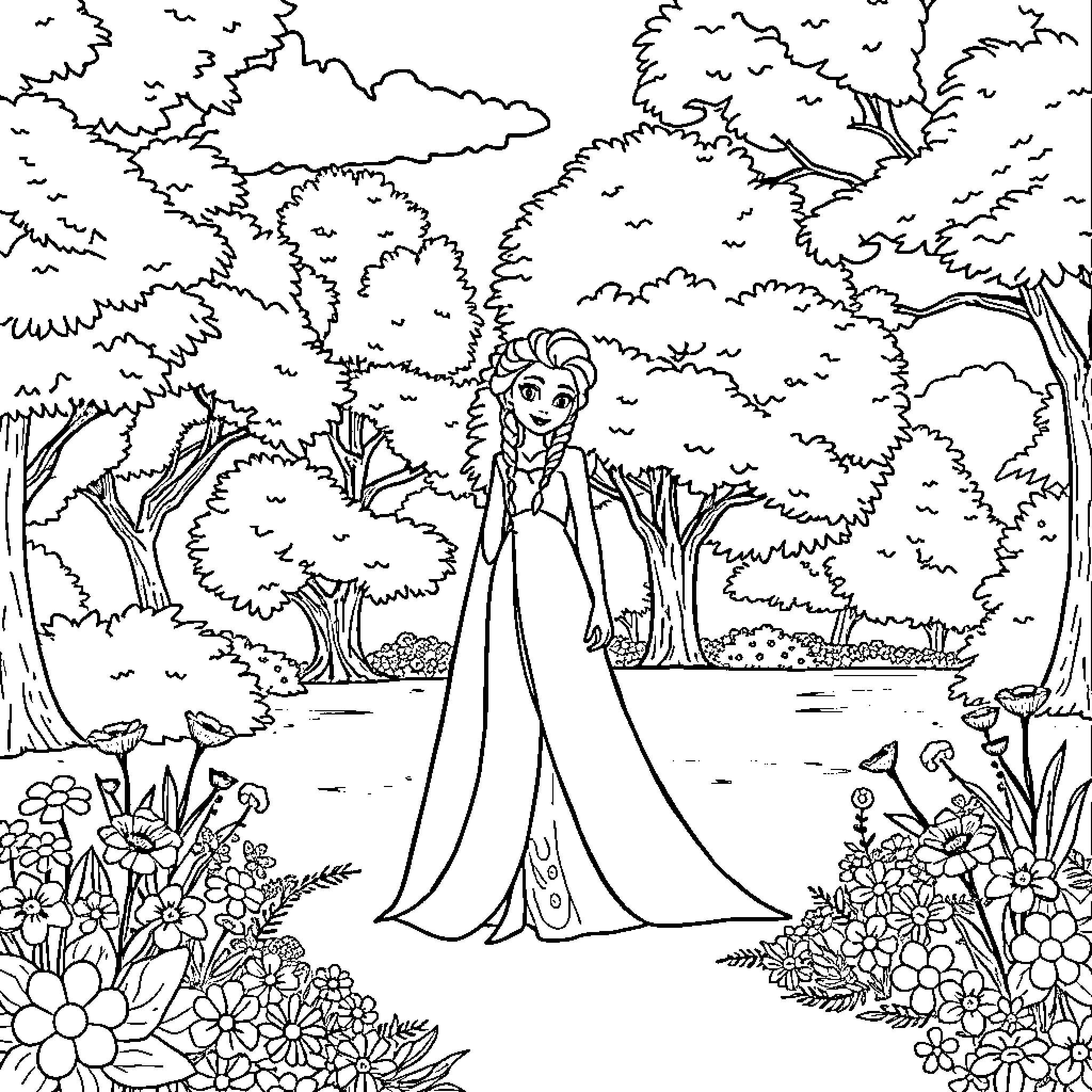 Elsa's Enchanting Forest Adventure Coloring Page (free black-and-white line drawing printable PDF for all, from beginners to advanced learners, including children, teens, adults, and seniors)
