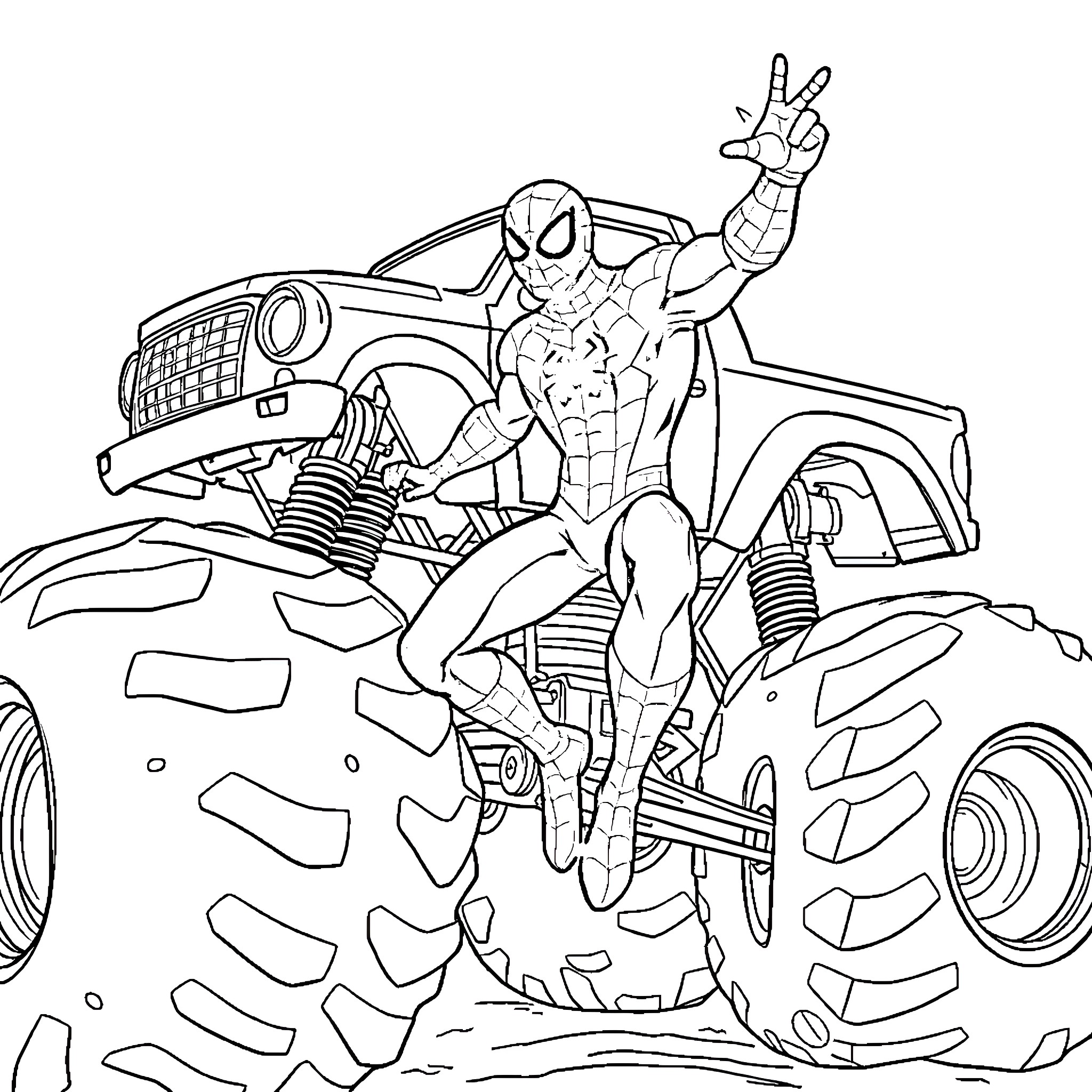 Spiderman riding a monster truck in action Coloring Page (free black-and-white line drawing printable PDF for all, from beginners to advanced learners, including children, teens, adults, and seniors)
