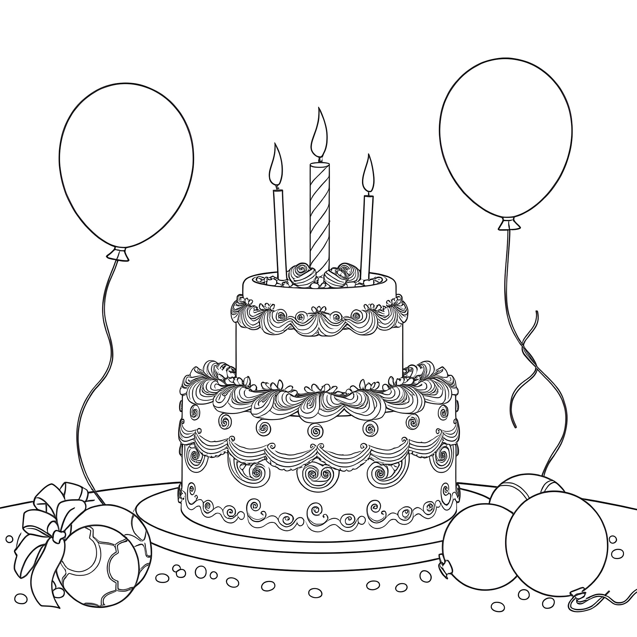 Cake with Candles and Balloons Celebration Coloring Page (free black-and-white line drawing printable PDF for all, from beginners to advanced learners, including children, teens, adults, and seniors)