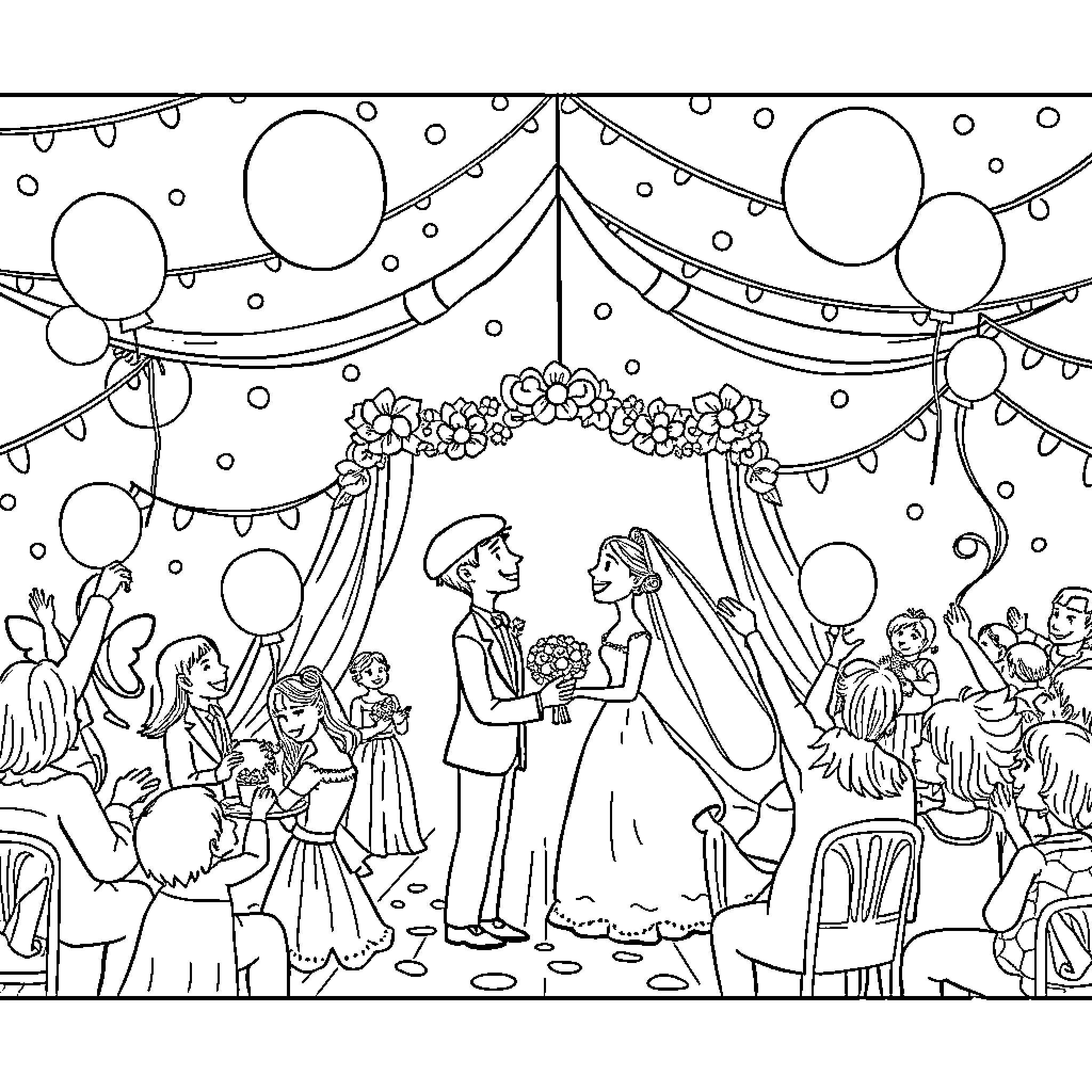 Wedding celebration with people, flowers, and balloons Coloring Page (free black-and-white line drawing printable PDF for all, from beginners to advanced learners, including children, teens, adults, and seniors)