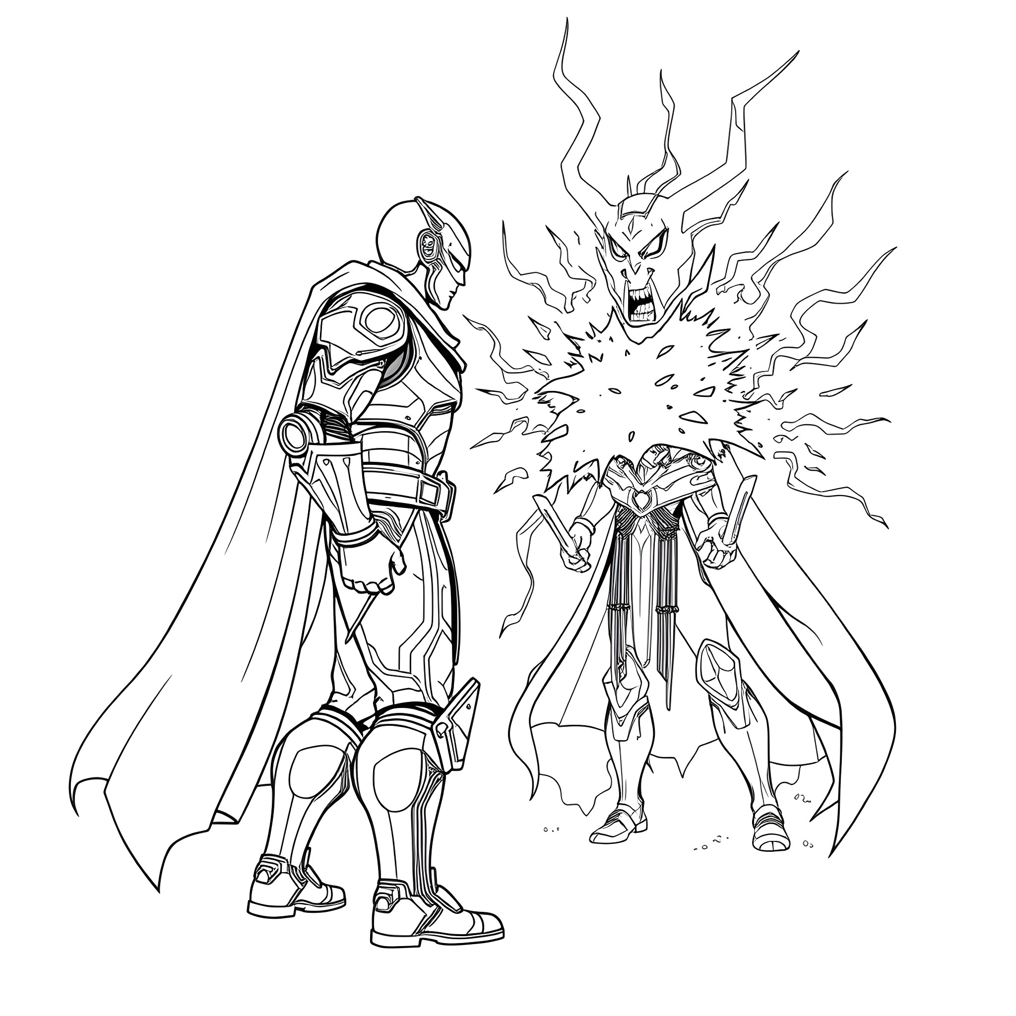 Halo Clash of Futuristic Armored Titans Coloring Page (free black-and-white line drawing printable PDF for all, from beginners to advanced learners, including children, teens, adults, and seniors)