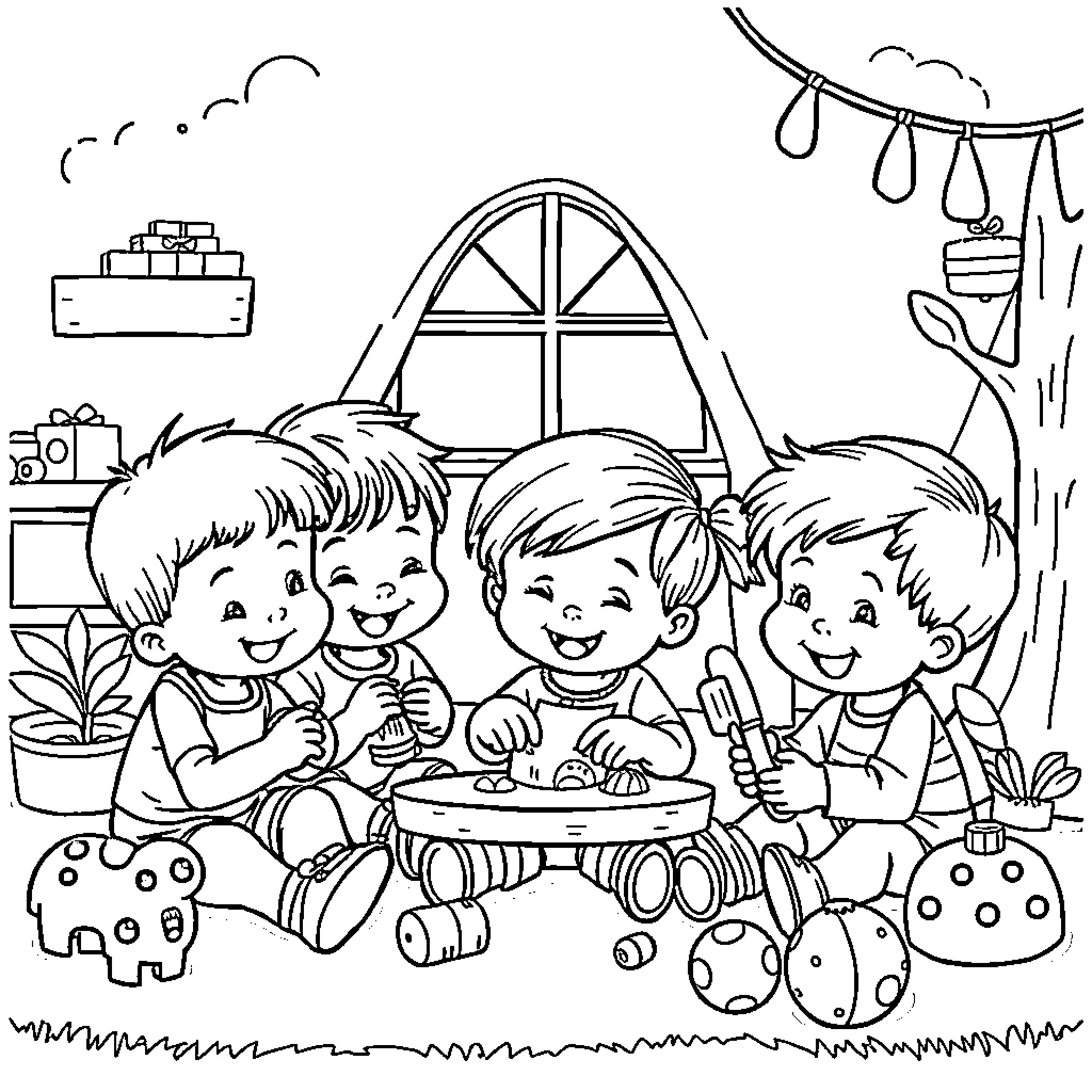 Kid friends having fun together in a playful setting Coloring Page (free black-and-white line drawing printable PDF for all, from beginners to advanced learners, including children, teens, adults, and seniors)