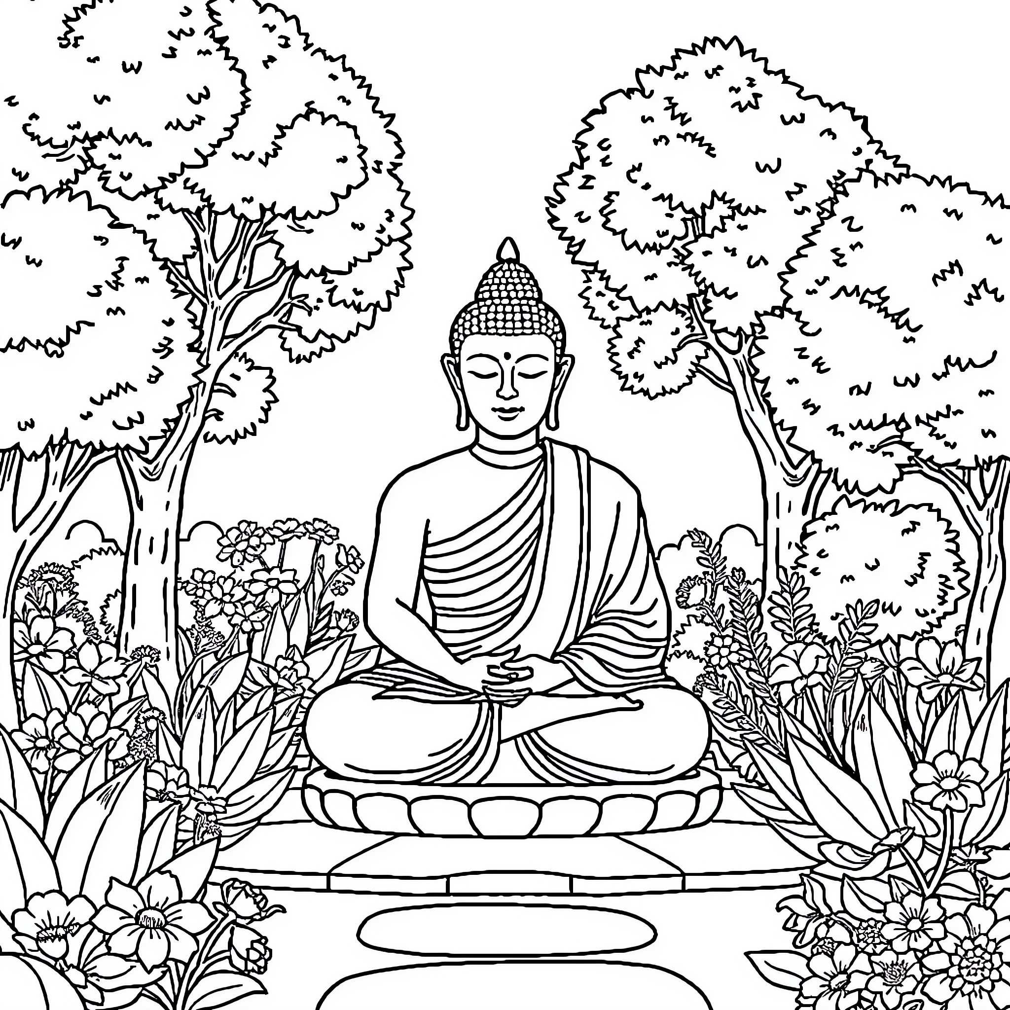 Buddha meditating peacefully in a lush garden Coloring Page (free black-and-white line drawing printable PDF for all, from beginners to advanced learners, including children, teens, adults, and seniors)