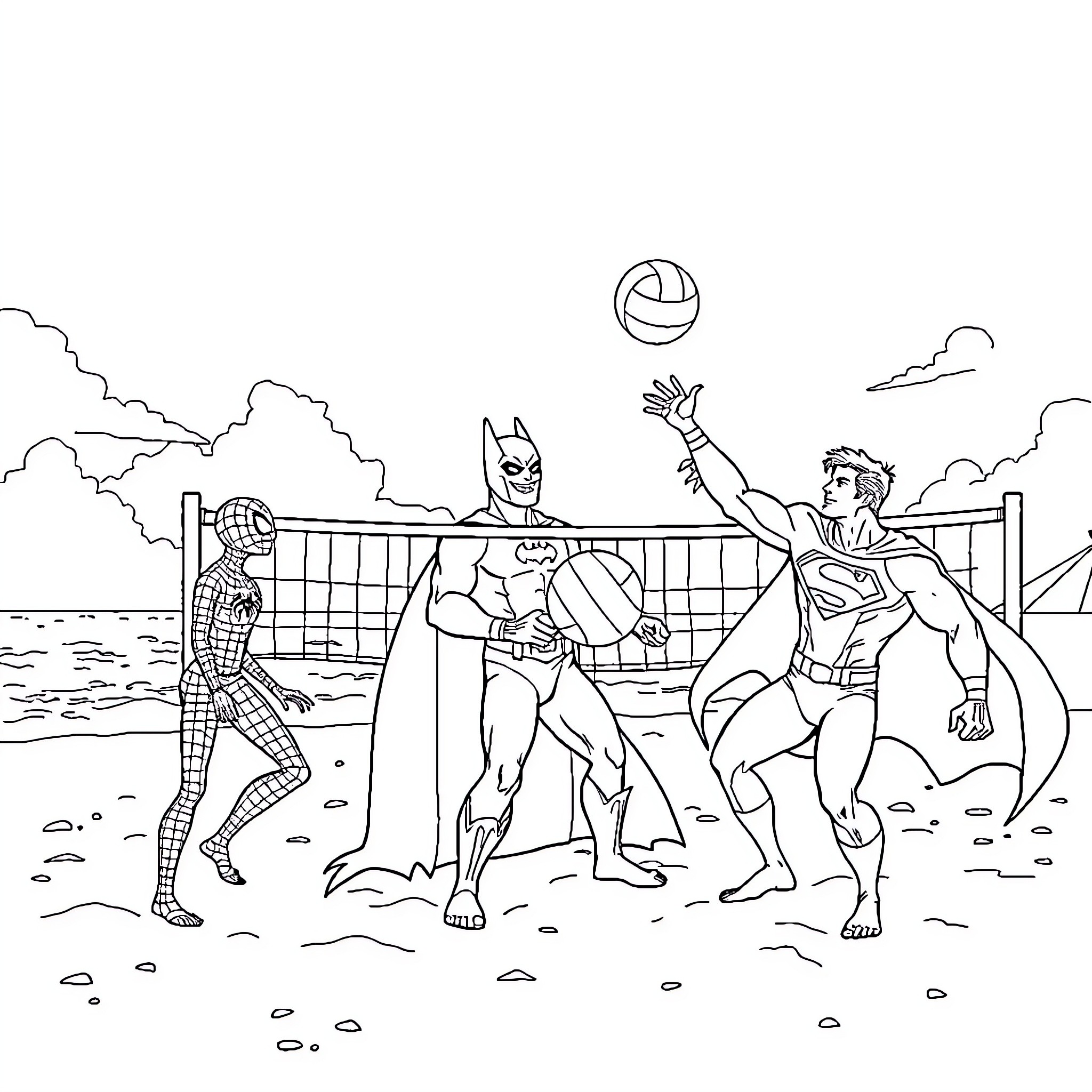 Superheroes playing volleyball on the beach Coloring Page (free black-and-white line drawing printable PDF for all, from beginners to advanced learners, including children, teens, adults, and seniors)
