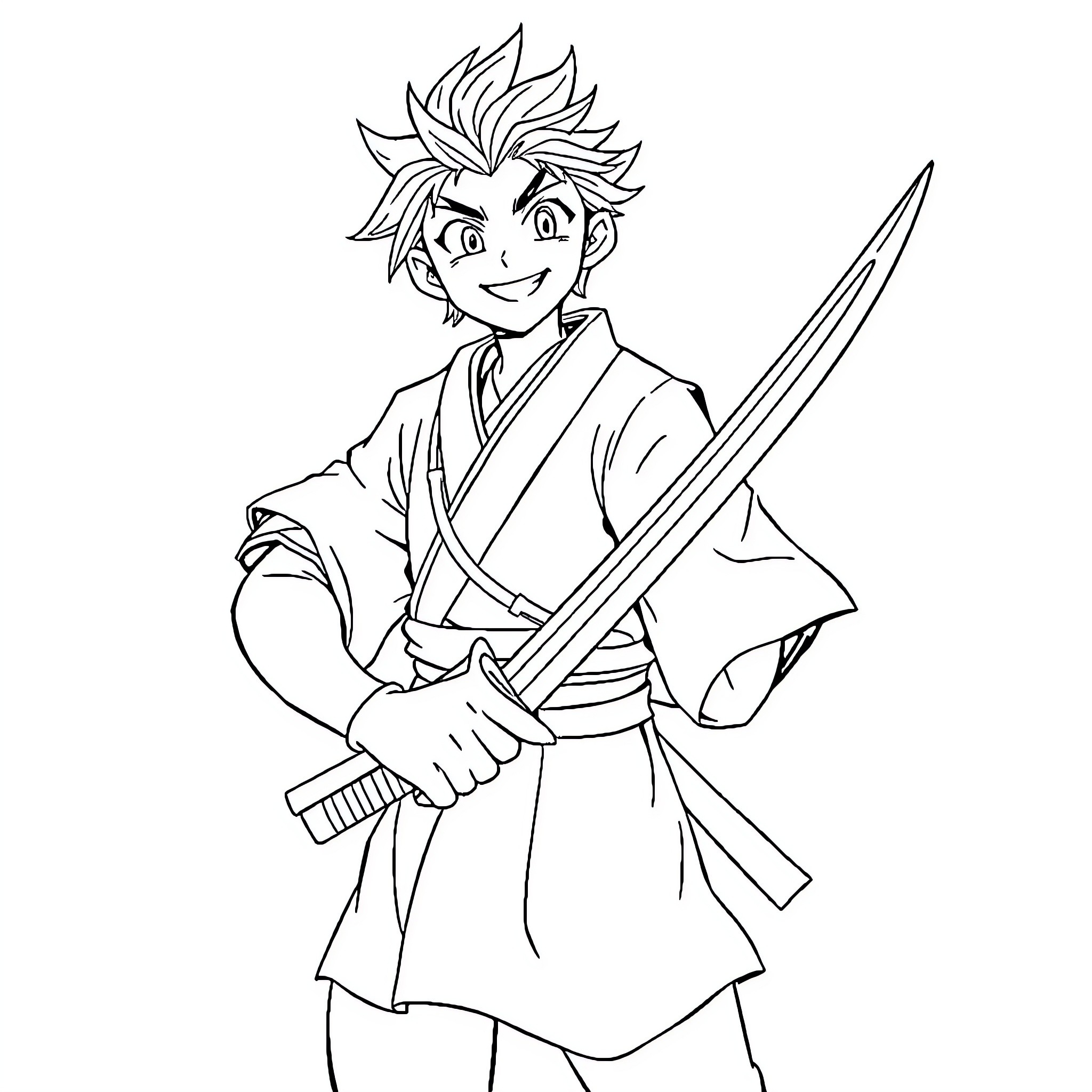 Tanjiro in Determined Stance with Sword Coloring Page (free black-and-white line drawing printable PDF for all, from beginners to advanced learners, including children, teens, adults, and seniors)