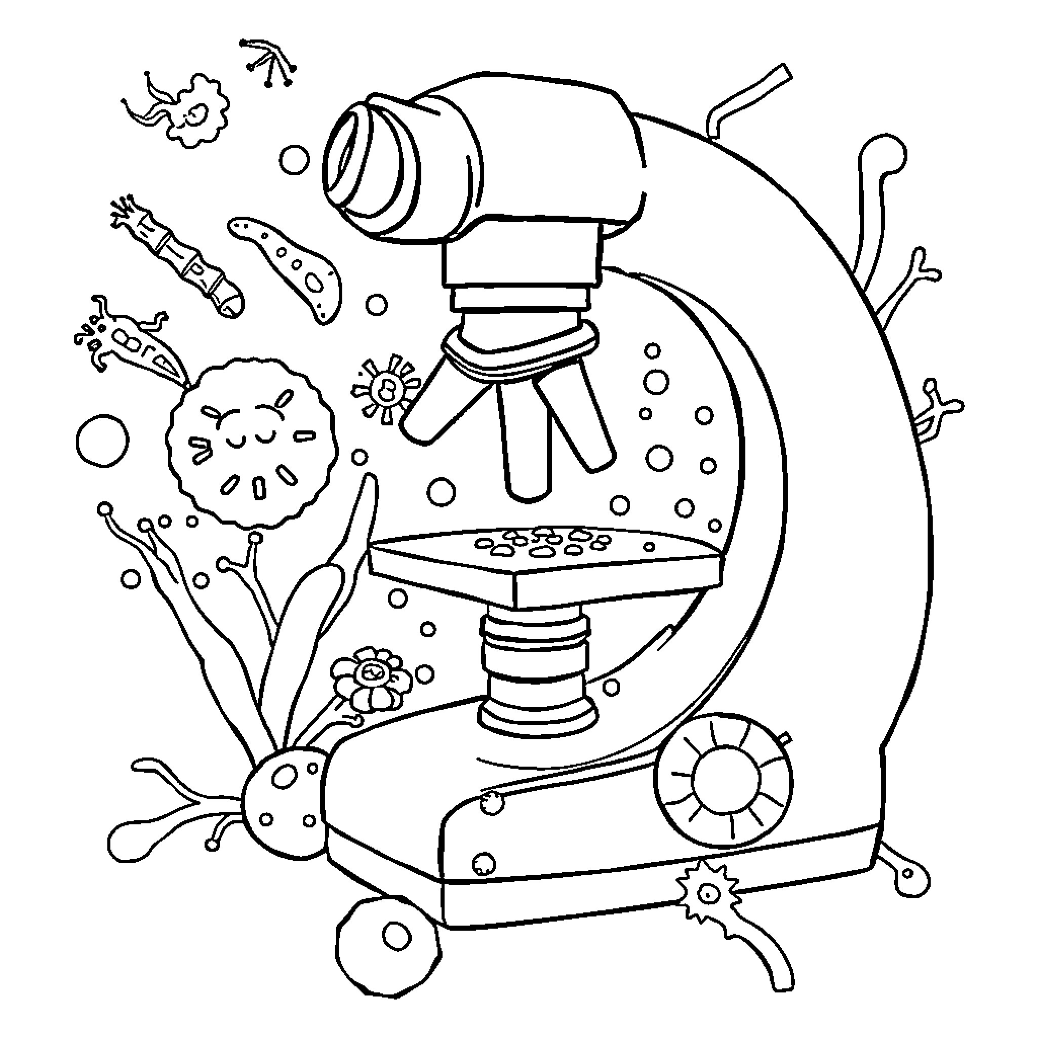 Bacteria exploring the wonders of a microscope Coloring Page (free black-and-white line drawing printable PDF for all, from beginners to advanced learners, including children, teens, adults, and seniors)