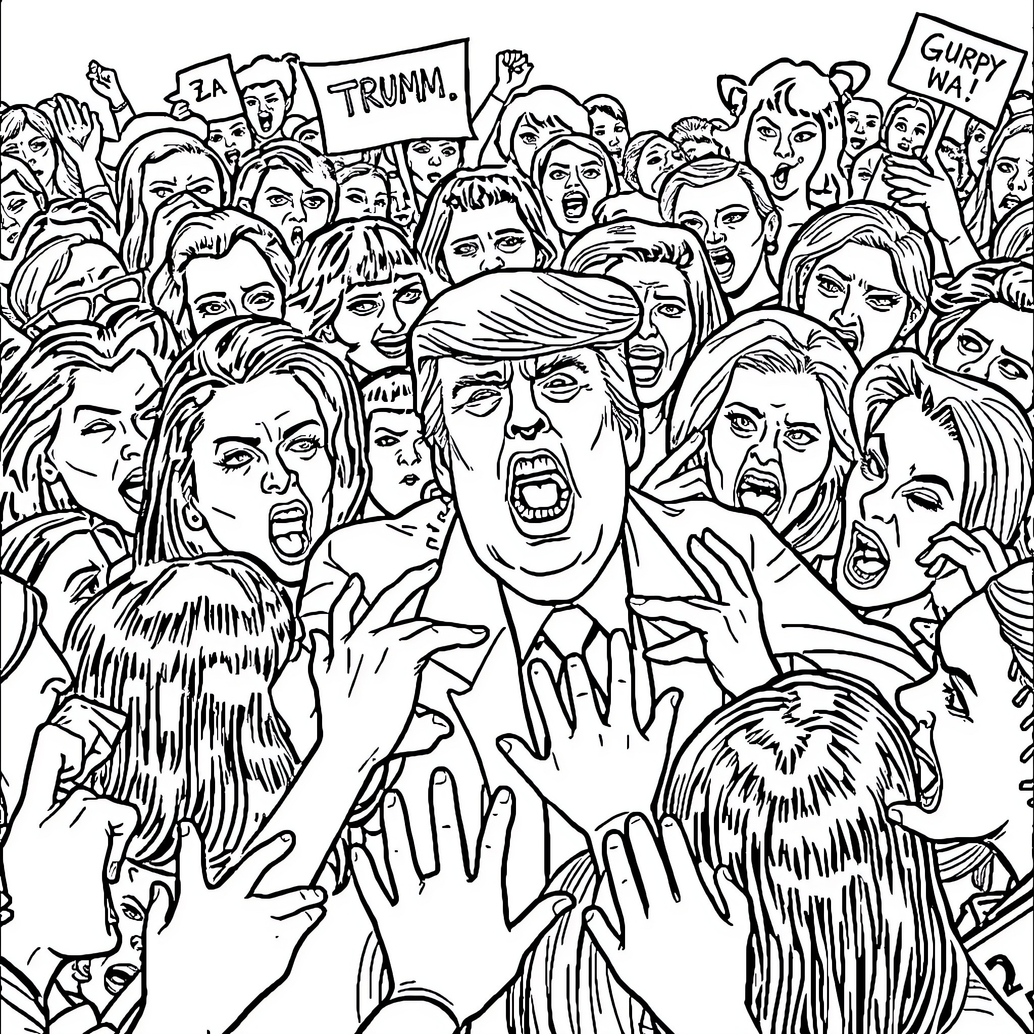 Donald Trump Surrounded by Angry Protesters Coloring Page (free black-and-white line drawing printable PDF for all, from beginners to advanced learners, including children, teens, adults, and seniors)