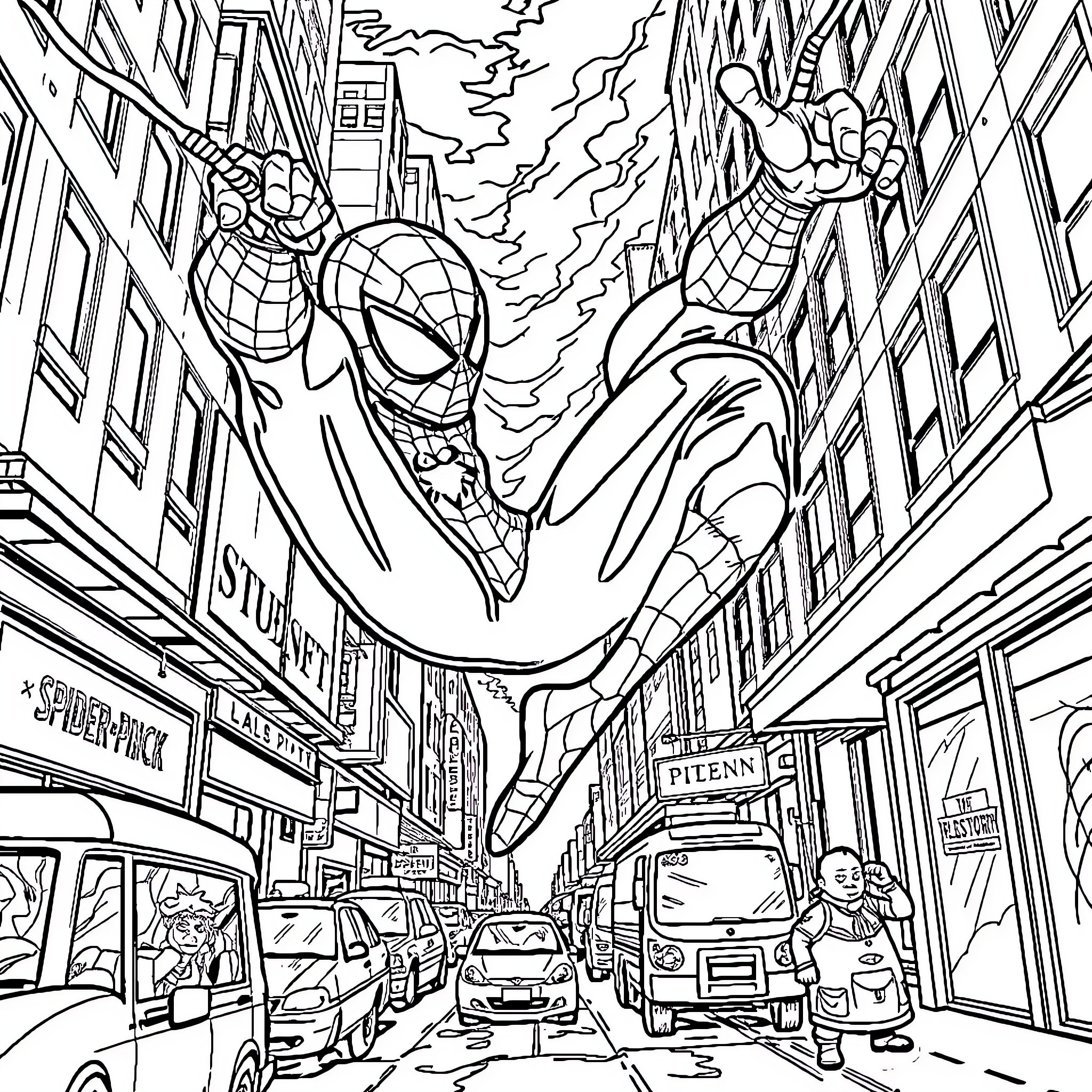 Spiderman swinging through the busy city streets Coloring Page (free black-and-white line drawing printable PDF for all, from beginners to advanced learners, including children, teens, adults, and seniors)