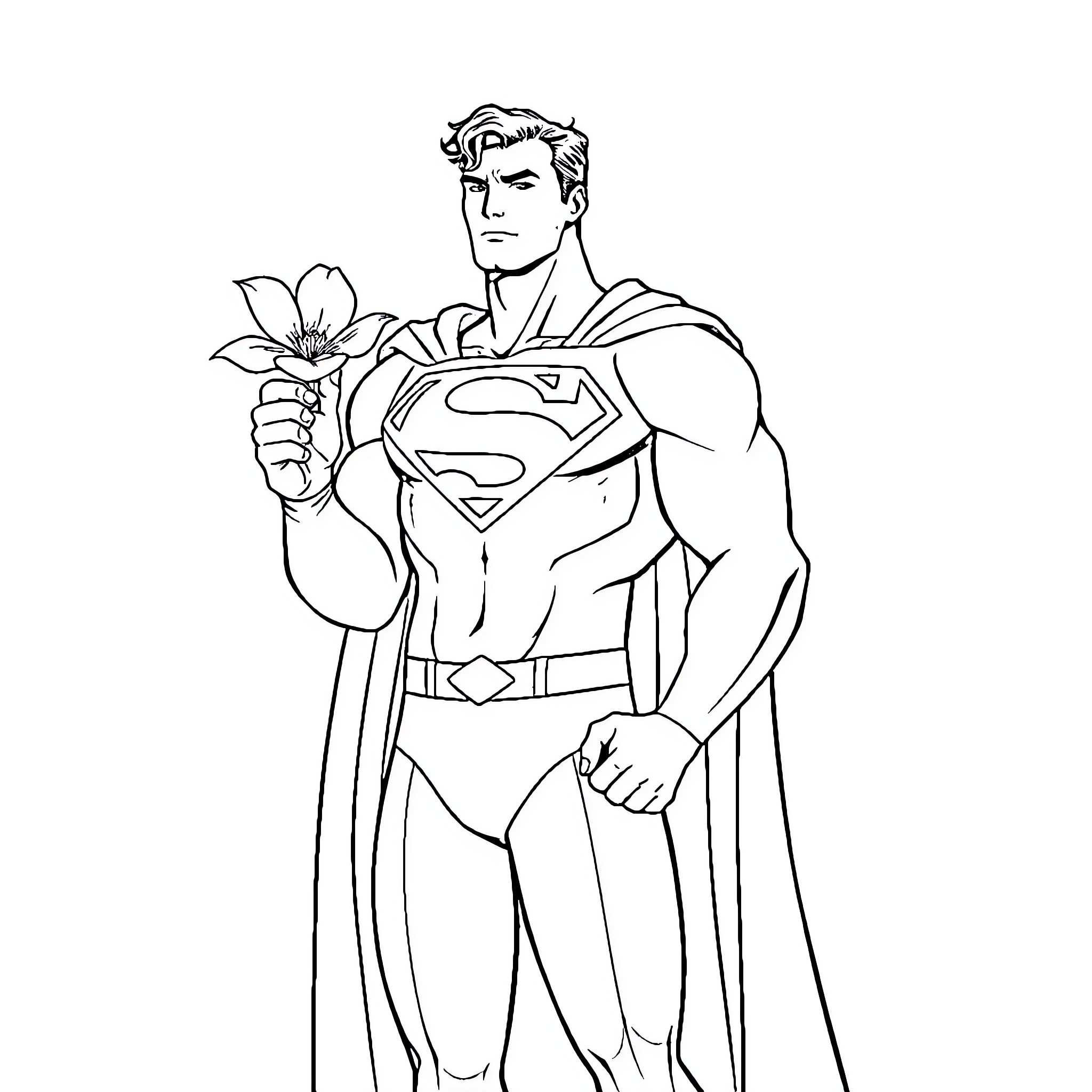 Superman offering a flower with a stern expression Coloring Page (free black-and-white line drawing printable PDF for all, from beginners to advanced learners, including children, teens, adults, and seniors)