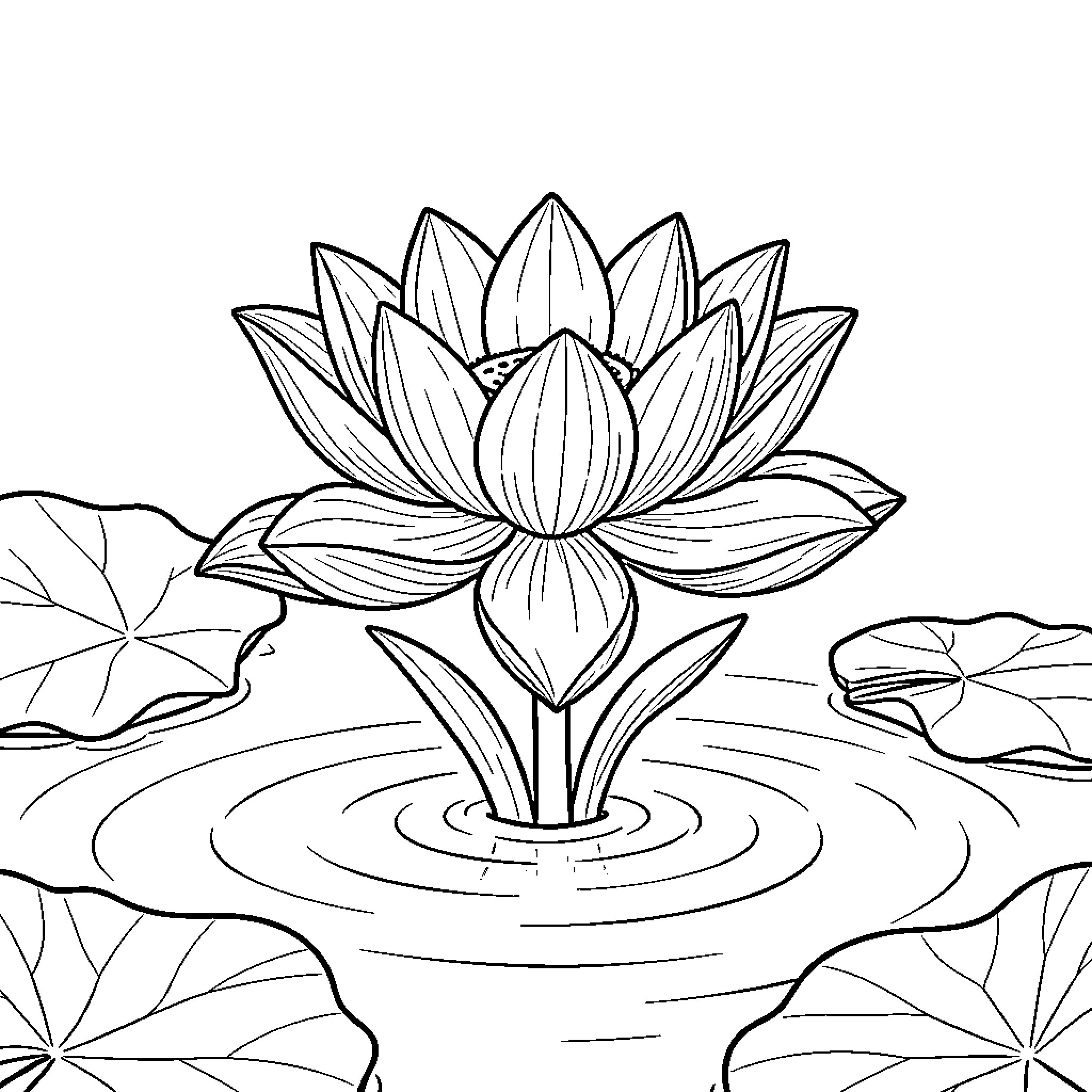 Lotus flower blooming gracefully amidst ripples in water Coloring Page (free black-and-white line drawing printable PDF for all, from beginners to advanced learners, including children, teens, adults, and seniors)