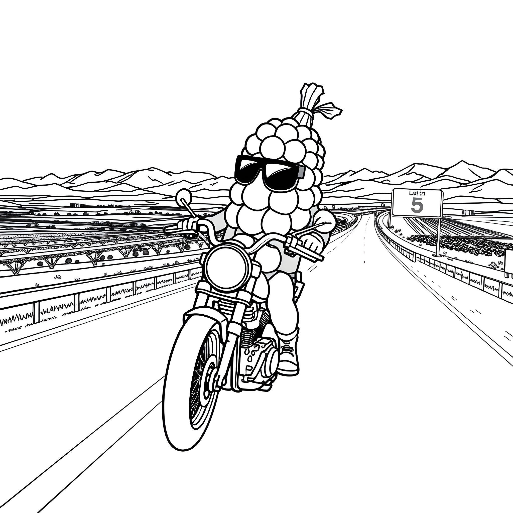 Raisin riding a motorcycle on the open road Coloring Page (free black-and-white line drawing printable PDF for all, from beginners to advanced learners, including children, teens, adults, and seniors)