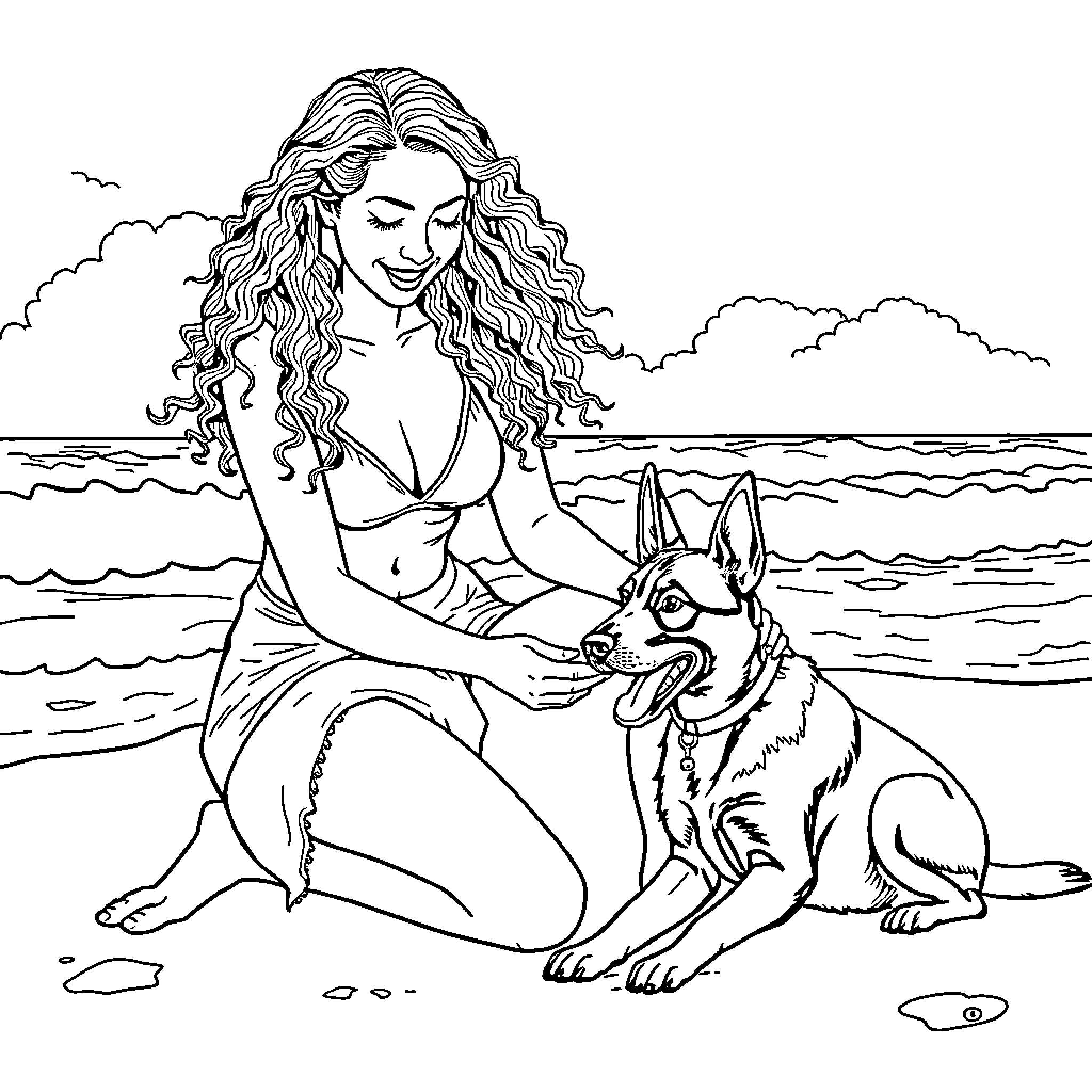Woman relaxing on the beach with her dog Coloring Page (free black-and-white line drawing printable PDF for all, from beginners to advanced learners, including children, teens, adults, and seniors)