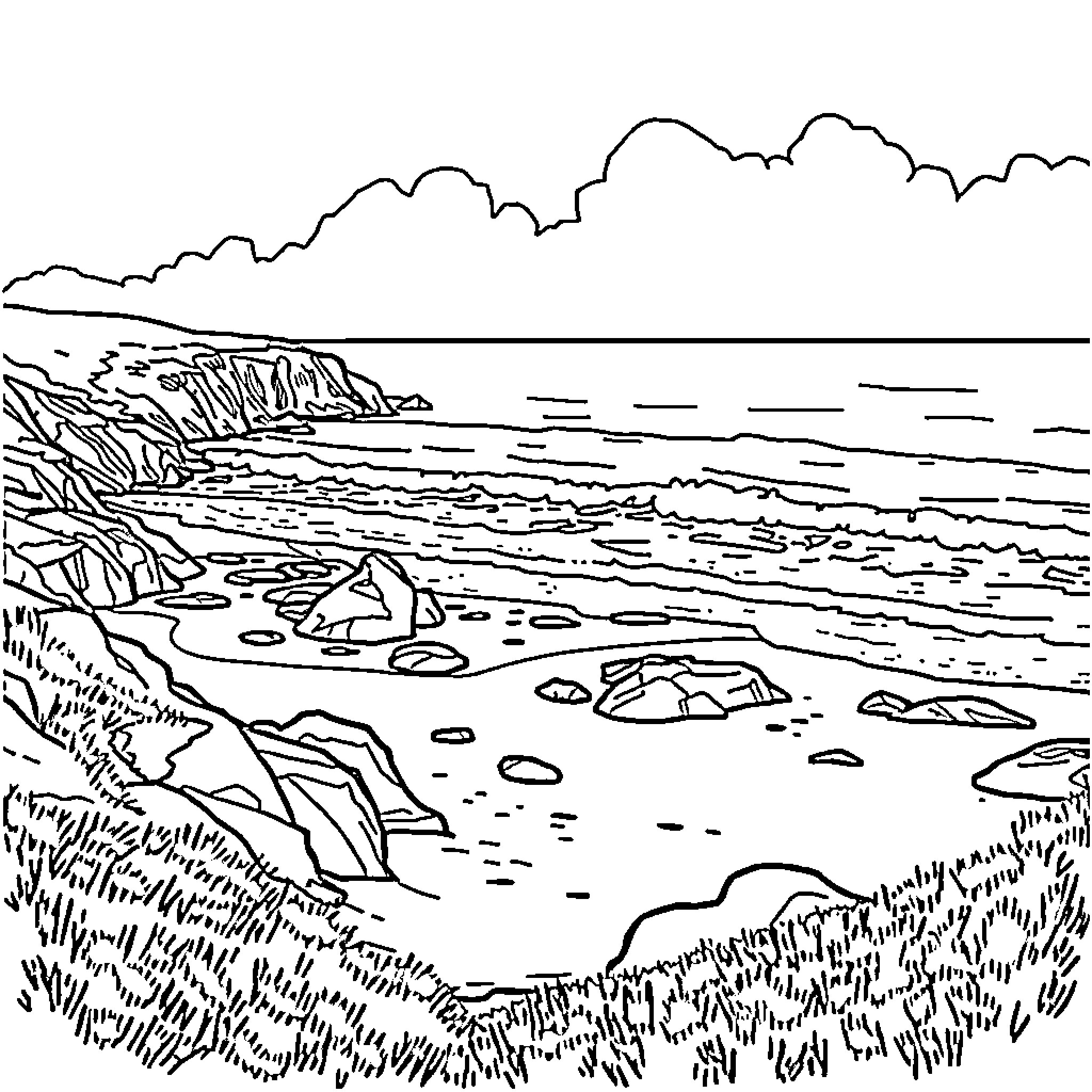 Beach scene with rocky coastline and calm waters Coloring Page (free black-and-white line drawing printable PDF for all, from beginners to advanced learners, including children, teens, adults, and seniors)