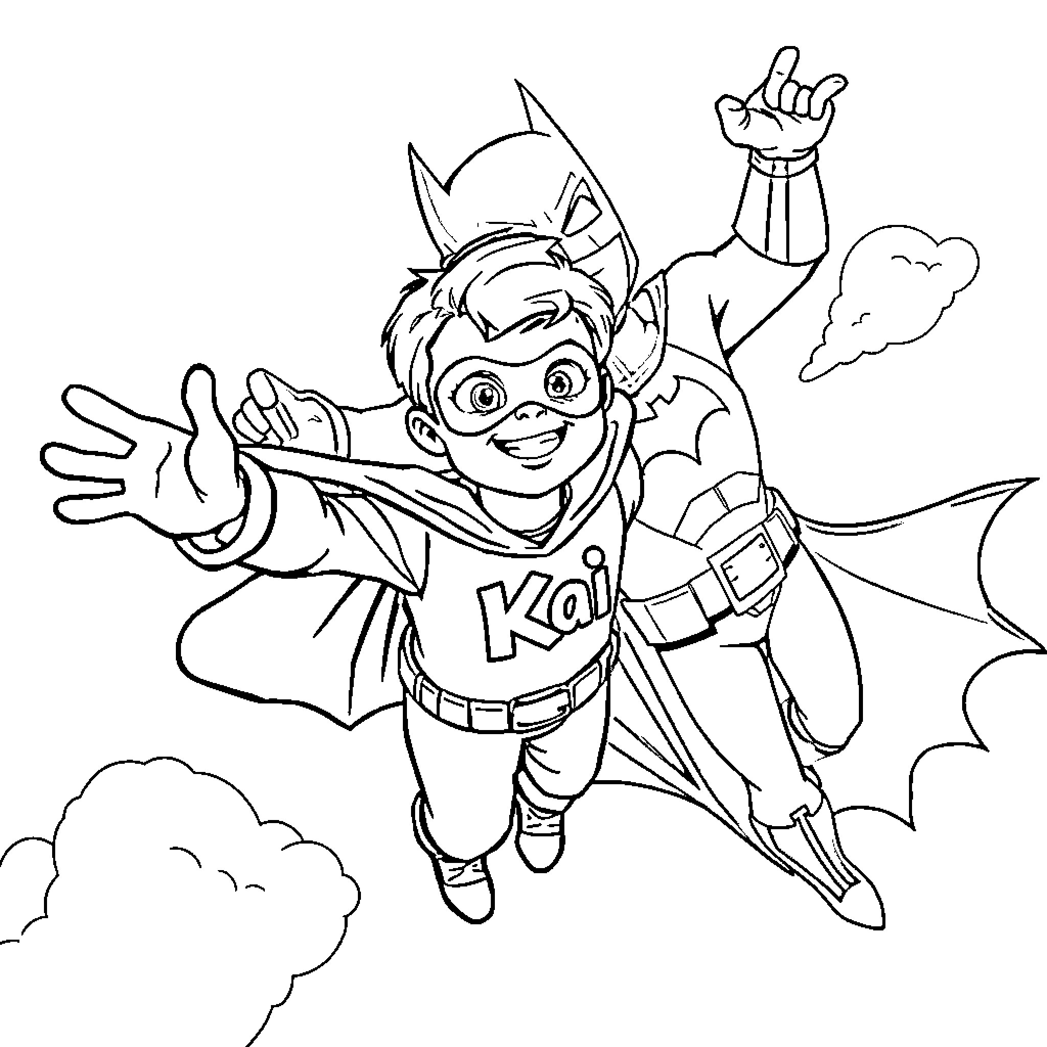 Boy flying high as a superhero Coloring Page (free black-and-white line drawing printable PDF for all, from beginners to advanced learners, including children, teens, adults, and seniors)