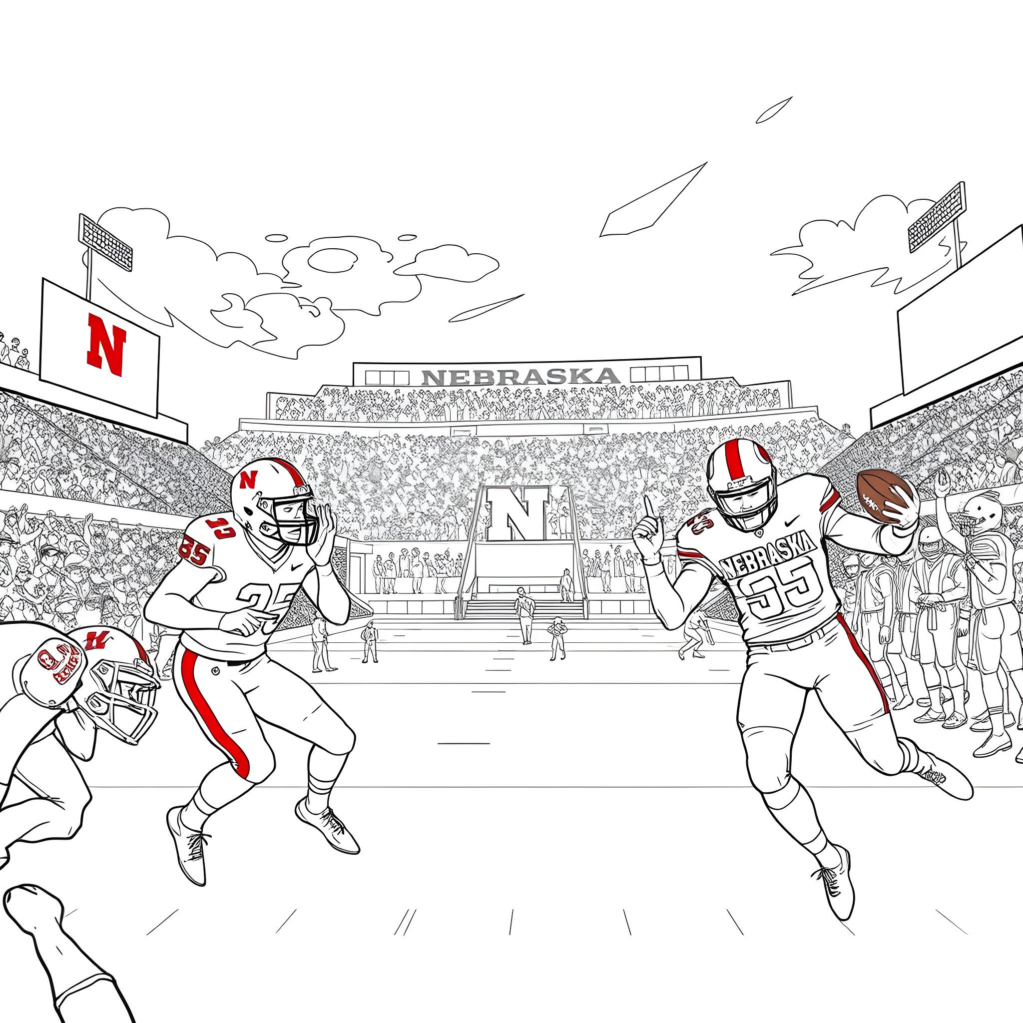 Nebraska Cornhusker football players in action on the field Coloring Page (free black-and-white line drawing printable PDF for all, from beginners to advanced learners, including children, teens, adults, and seniors)