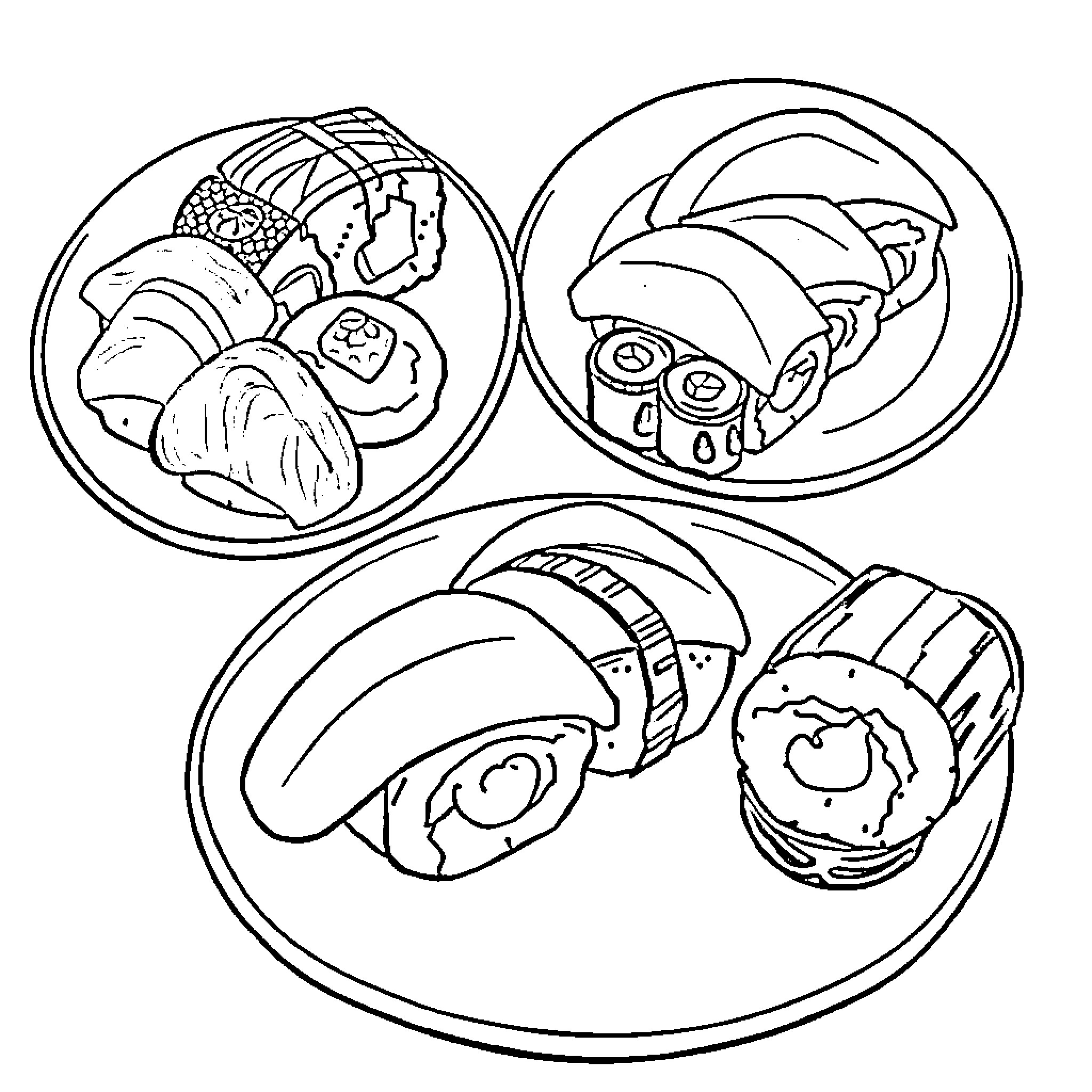 Sushi dishes with various ingredients Coloring Page (free black-and-white line drawing printable PDF for all, from beginners to advanced learners, including children, teens, adults, and seniors)