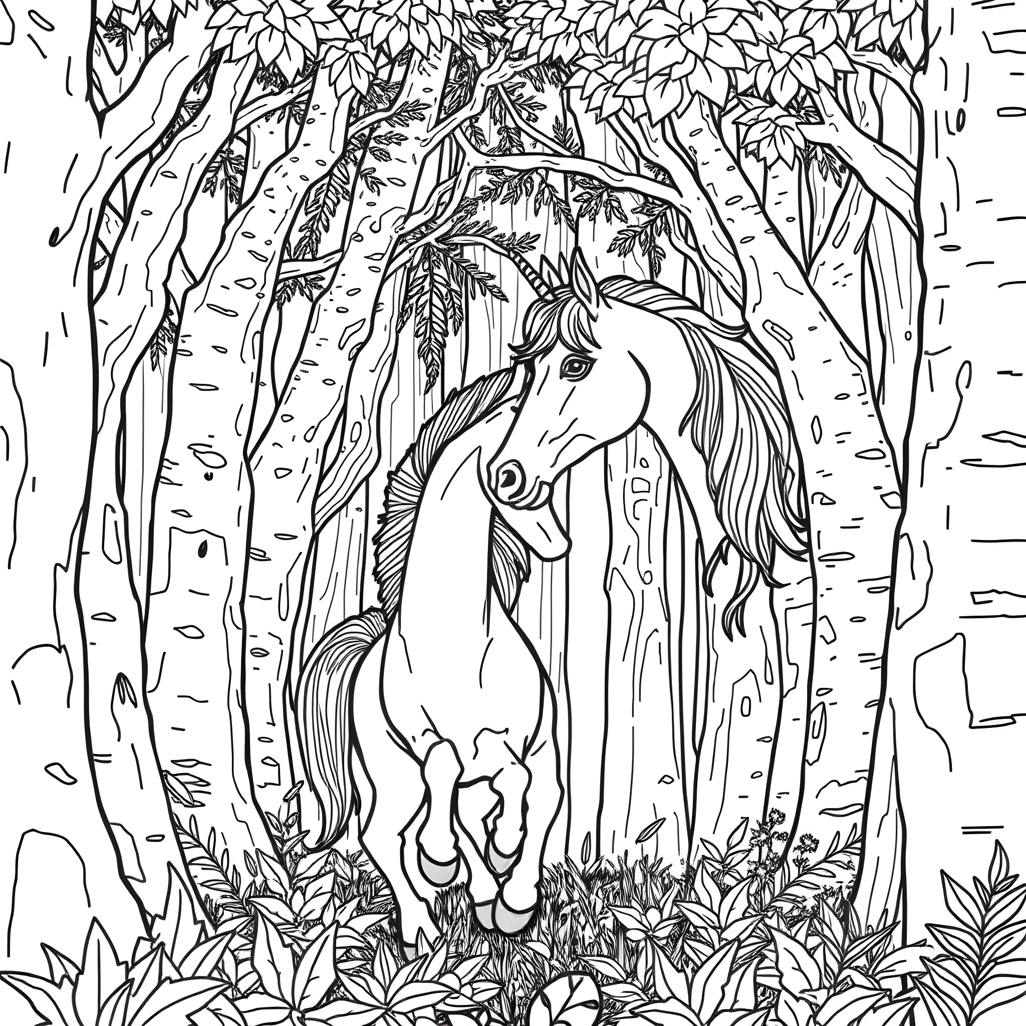 Bombero's Enchanted Forest Encounter Coloring Page (free black-and-white line drawing printable PDF for all, from beginners to advanced learners, including children, teens, adults, and seniors)