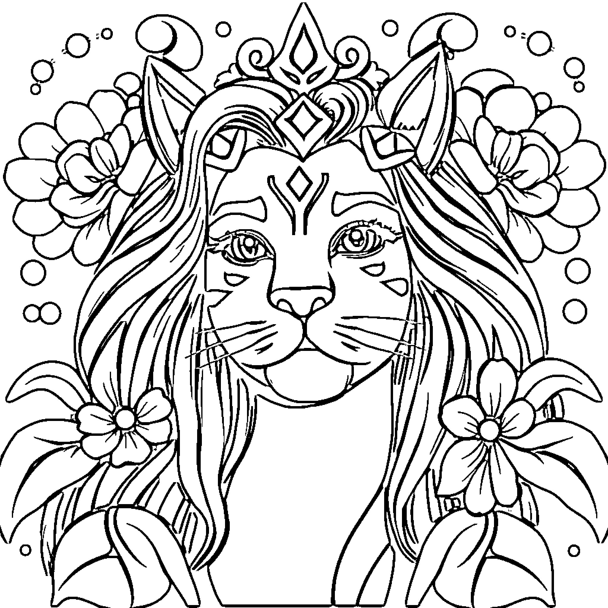טל פישר's Cat in Floral Headpiece Coloring Page (free black-and-white line drawing printable PDF for all, from beginners to advanced learners, including children, teens, adults, and seniors)