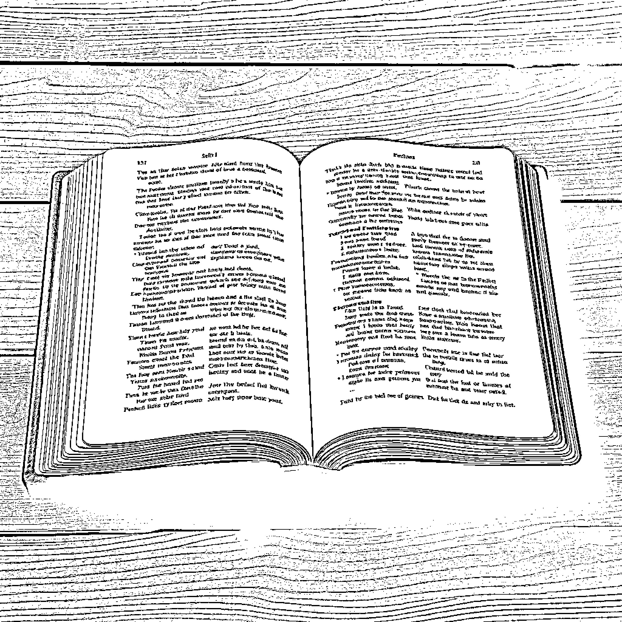 Bible open on wooden table Coloring Page (free black-and-white line drawing printable PDF for all, from beginners to advanced learners, including children, teens, adults, and seniors)