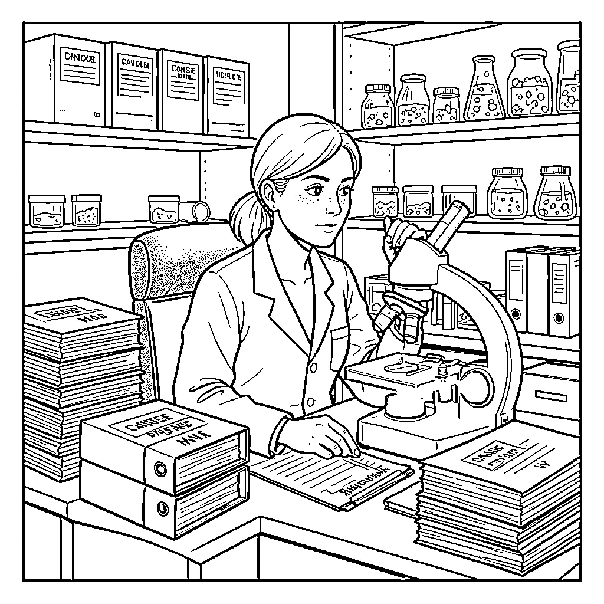 Forensic Biologist examining samples under a microscope in a lab Coloring Page (free black-and-white line drawing printable PDF for all, from beginners to advanced learners, including children, teens, adults, and seniors)