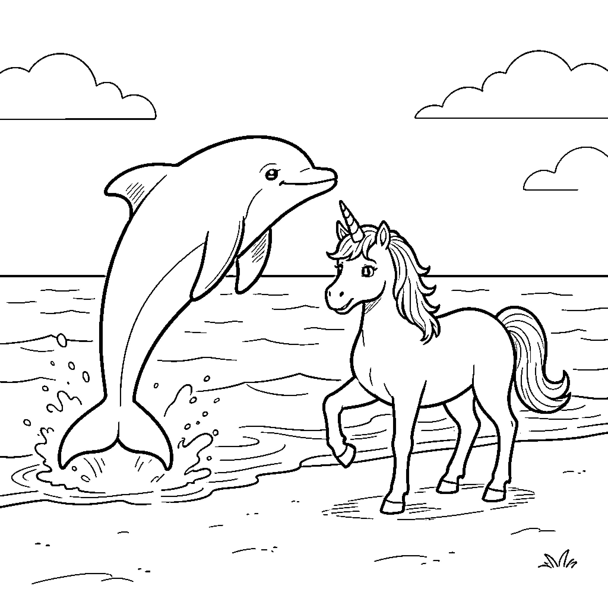 Dolphin jumping out of water to greet a unicorn Coloring Page (free black-and-white line drawing printable PDF for all, from beginners to advanced learners, including children, teens, adults, and seniors)
