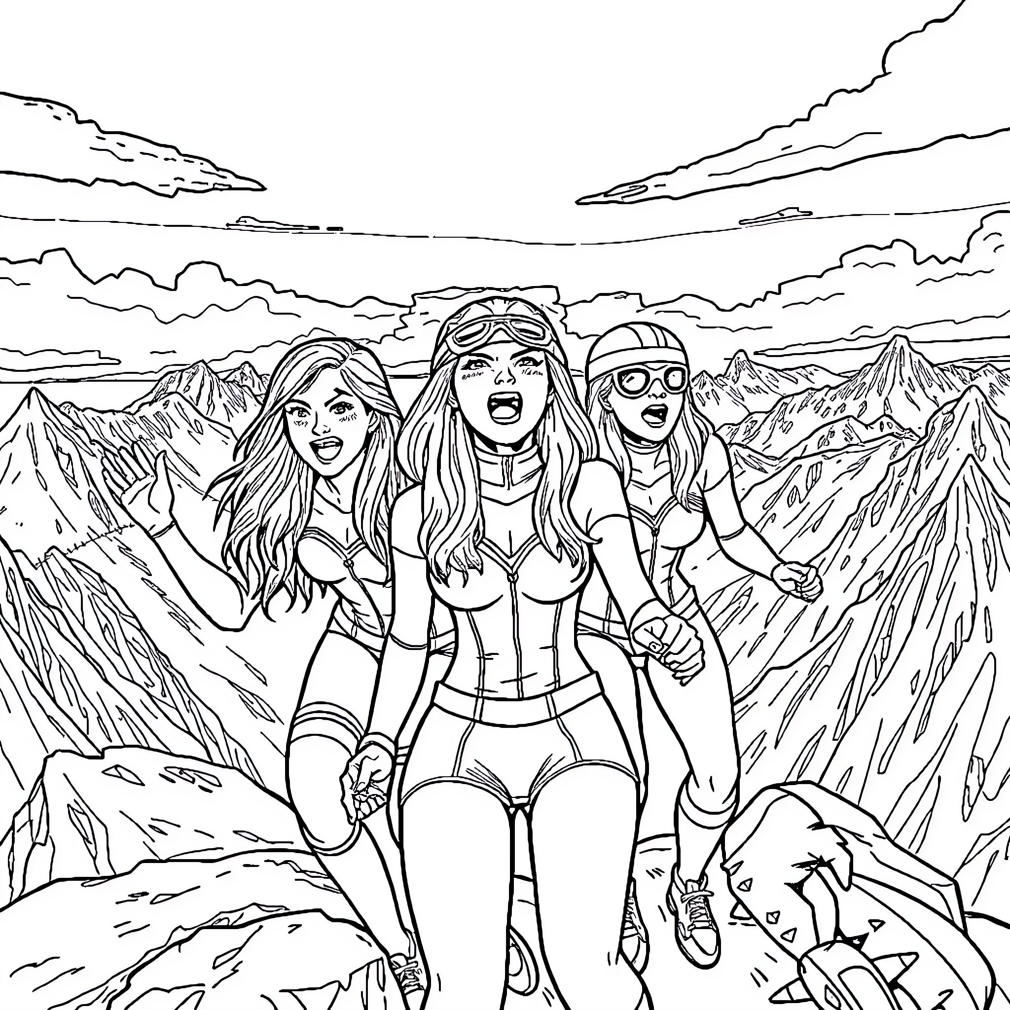 Powerpuff Girls on an Adventure in the Mountains Coloring Page (free black-and-white line drawing printable PDF for all, from beginners to advanced learners, including children, teens, adults, and seniors)